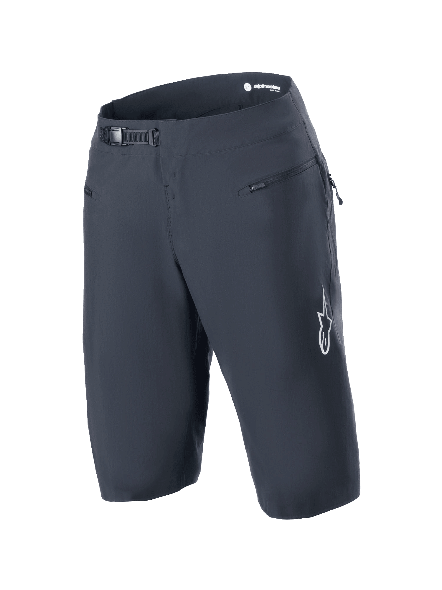 Alpinestars Shorts A-Aria, negro, shorts de mountain bike con sistema de cierre de trinquete en la cintura y bolsillos frontales con cremallera, con el logo blanco de Astars en la pierna, equipamiento técnico de alto rendimiento para ciclismo