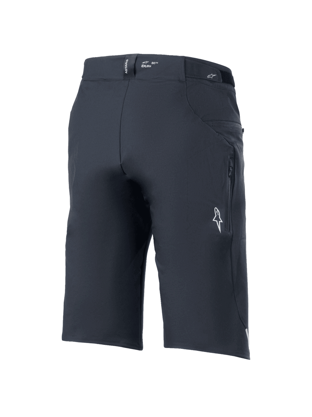 Shorts A-Dura Elite de Alpinestars, pantalones cortos para bicicleta de montaña, negro, vista trasera de tres cuartos con bolsillo lateral con cremallera, logotipo blanco de Astars y marca "DURA" en la cintura, resistente tejido Cordura elástico en 4 direcciones para ciclismo de montaña