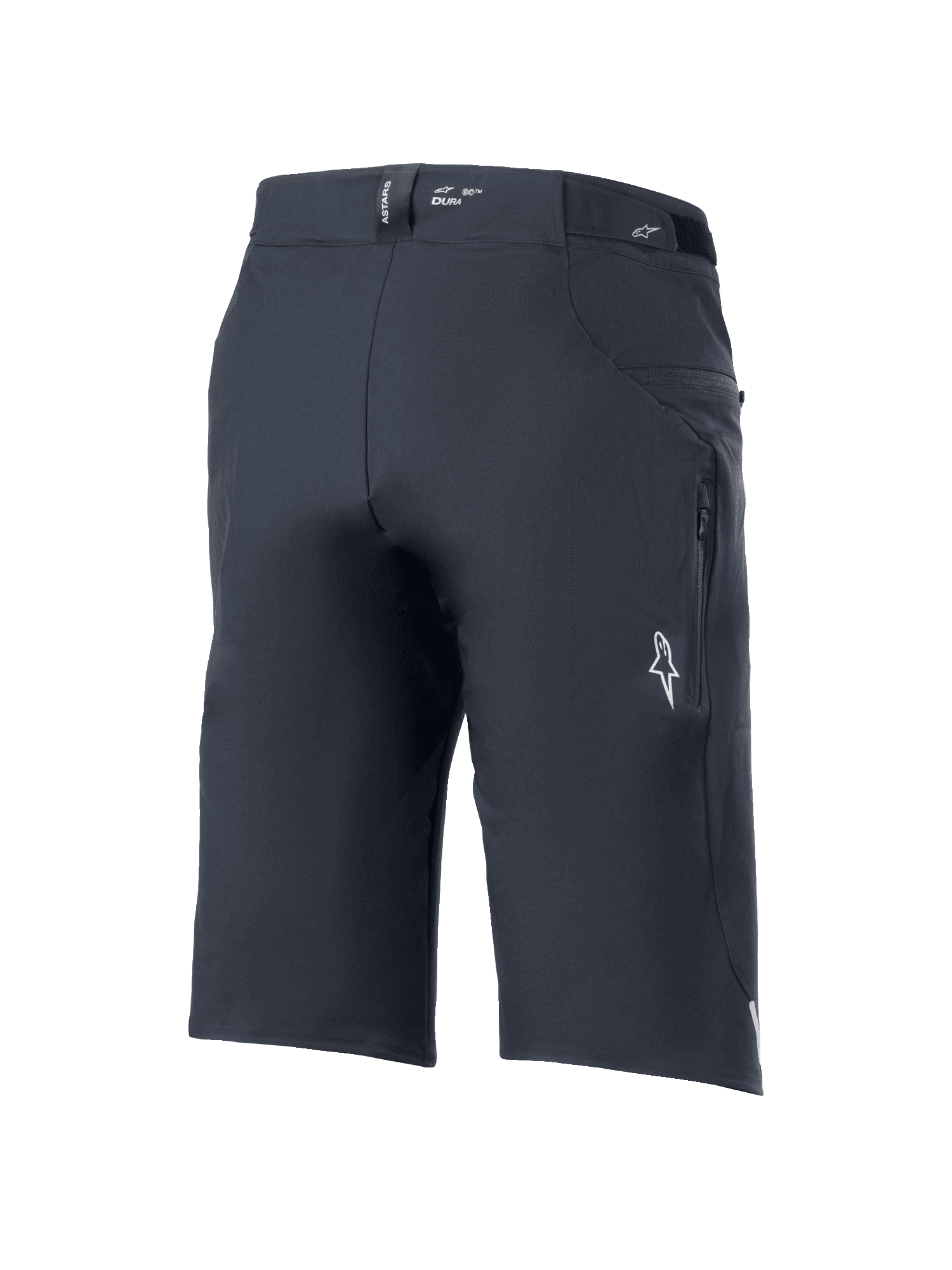 Shorts A-Dura Elite de Alpinestars, pantalones cortos para bicicleta de montaña, negro, vista trasera de tres cuartos con bolsillo lateral con cremallera, logotipo blanco de Astars y marca "DURA" en la cintura, resistente tejido Cordura elástico en 4 direcciones para ciclismo de montaña