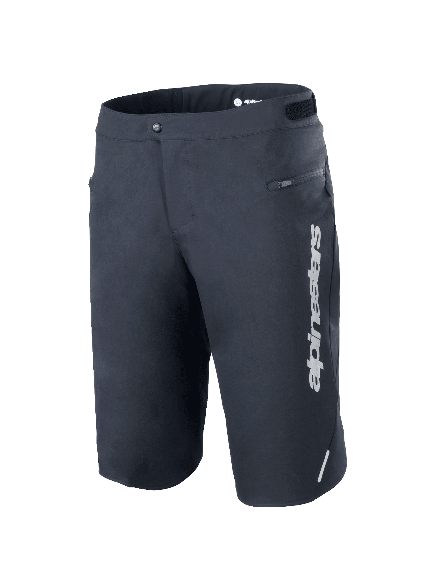 Alpinestars A-Dura Elite Shorts, pantalones cortos de ciclismo de montaña, negros, con logotipo vertical blanco de Alpinestars en la pierna izquierda, bolsillo lateral con cremallera, cierre frontal a presión con ajustadores de cintura de gancho y bucle, detalle reflectante, tejido Cordura elástico en 4 direcciones y duradero para ciclismo todoterreno