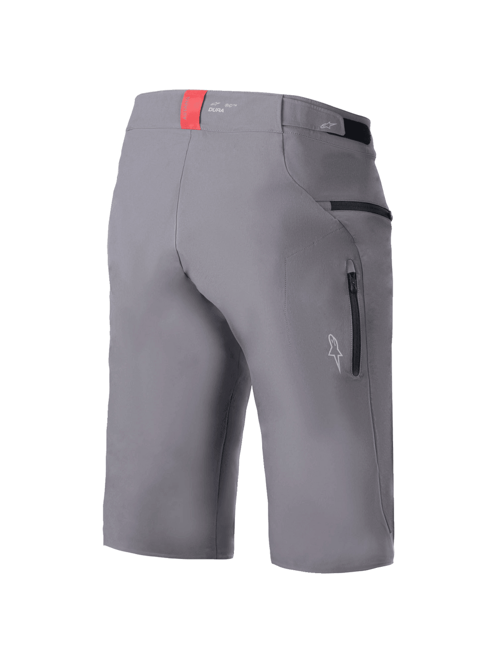 Shorts Alpinestars A-Dura Elite, shorts de ciclismo MTB, gris oscuro, vista trasera de tres cuartos que muestra bolsillos laterales con cremallera, ajustadores de cintura de gancho y bucle, y una pestaña de acento roja en la cintura, tejido Cordura duradero elástico en 4 direcciones, ajuste regular para ciclismo de montaña
