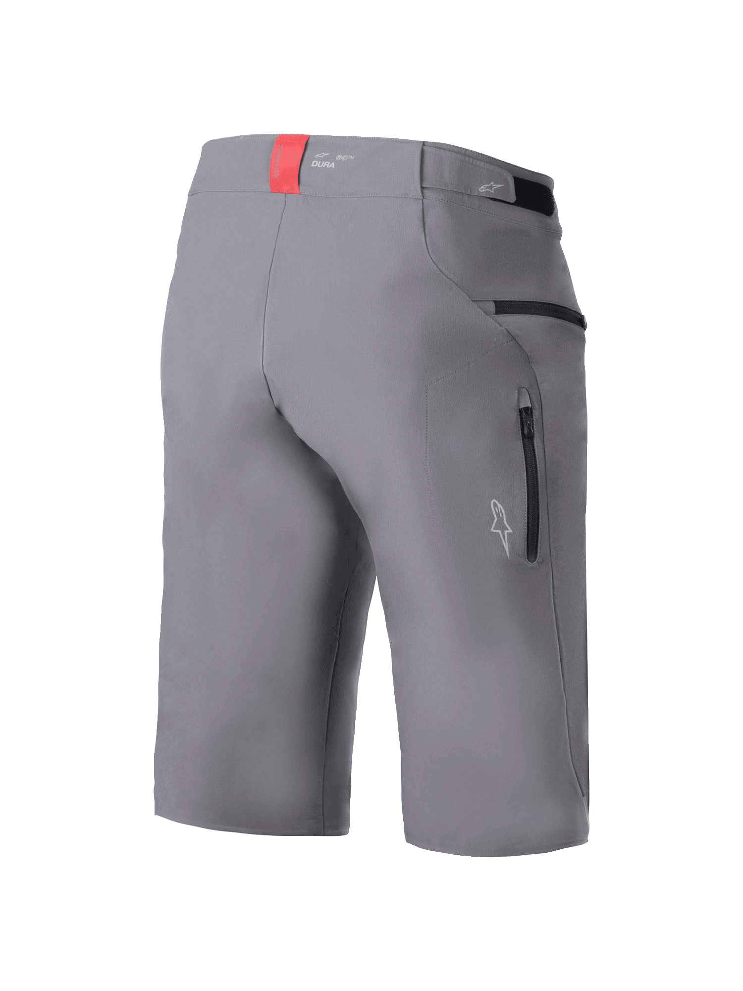 Shorts Alpinestars A-Dura Elite, shorts de ciclismo MTB, gris oscuro, vista trasera de tres cuartos que muestra bolsillos laterales con cremallera, ajustadores de cintura de gancho y bucle, y una pestaña de acento roja en la cintura, tejido Cordura duradero elástico en 4 direcciones, ajuste regular para ciclismo de montaña