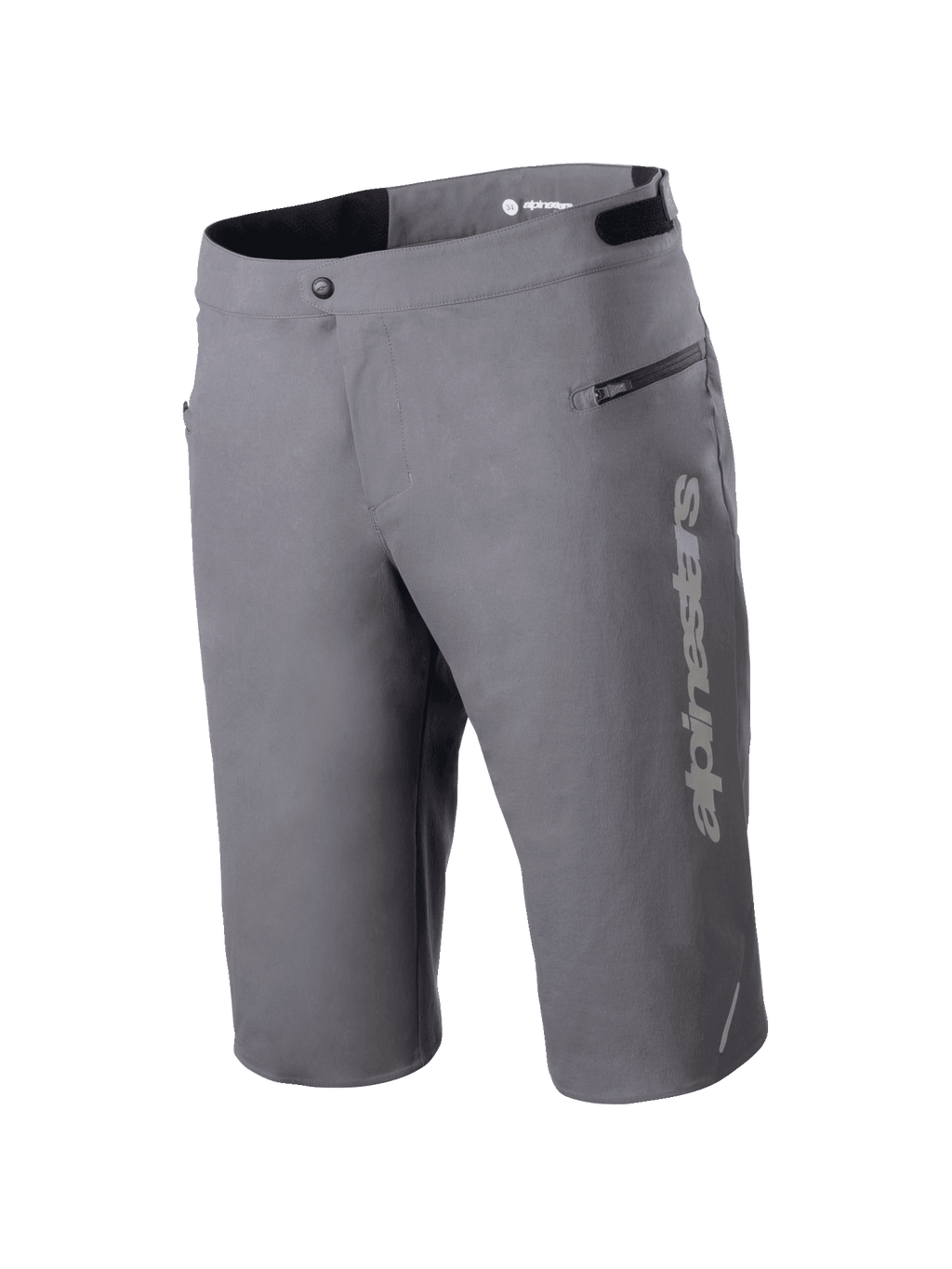 Alpinestars A-Dura Elite Shorts, pantalones cortos de mountain bike, gris oscuro, con el logo de Alpinestars vertical en la pierna, bolsillo lateral con cremallera, cierre frontal con botón a presión y lengüetas ajustables en la cintura para ciclismo de montaña