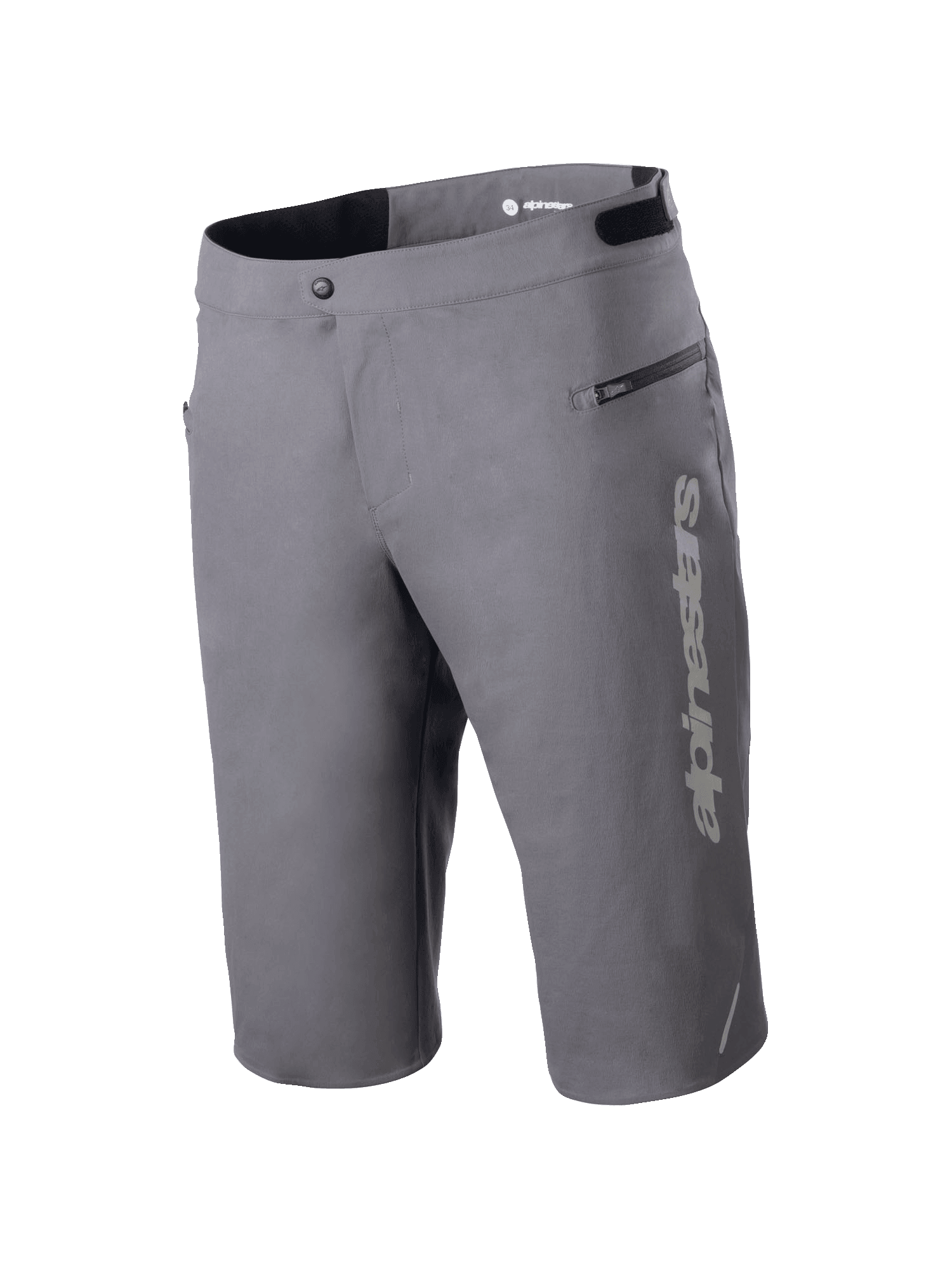 Alpinestars A-Dura Elite Shorts, pantalones cortos de mountain bike, gris oscuro, con el logo de Alpinestars vertical en la pierna, bolsillo lateral con cremallera, cierre frontal con botón a presión y lengüetas ajustables en la cintura para ciclismo de montaña
