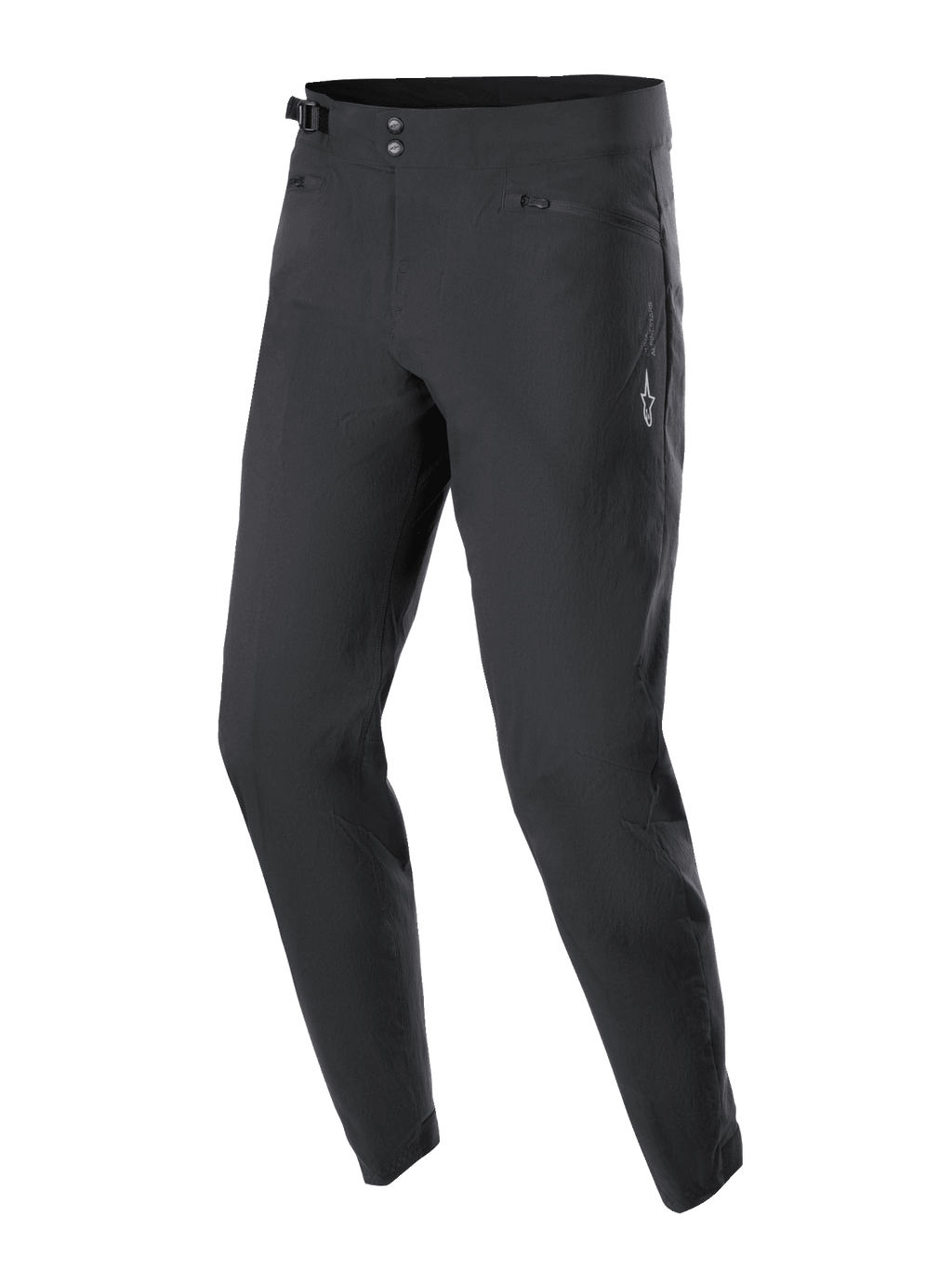 Pantalones Alpinestars A-Dura, pantalones de ciclismo de montaña, negros, con cierre de doble broche en la cintura, ajustadores laterales, bolsillos con cremallera y forro de malla, y logo Astars blanco en el muslo, diseñados para durabilidad en todoterreno.