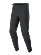 Pantalones Alpinestars A-Dura, pantalones de ciclismo de montaña, negros, con cierre de doble broche en la cintura, ajustadores laterales, bolsillos con cremallera y forro de malla, y logo Astars blanco en el muslo, diseñados para durabilidad en todoterreno.