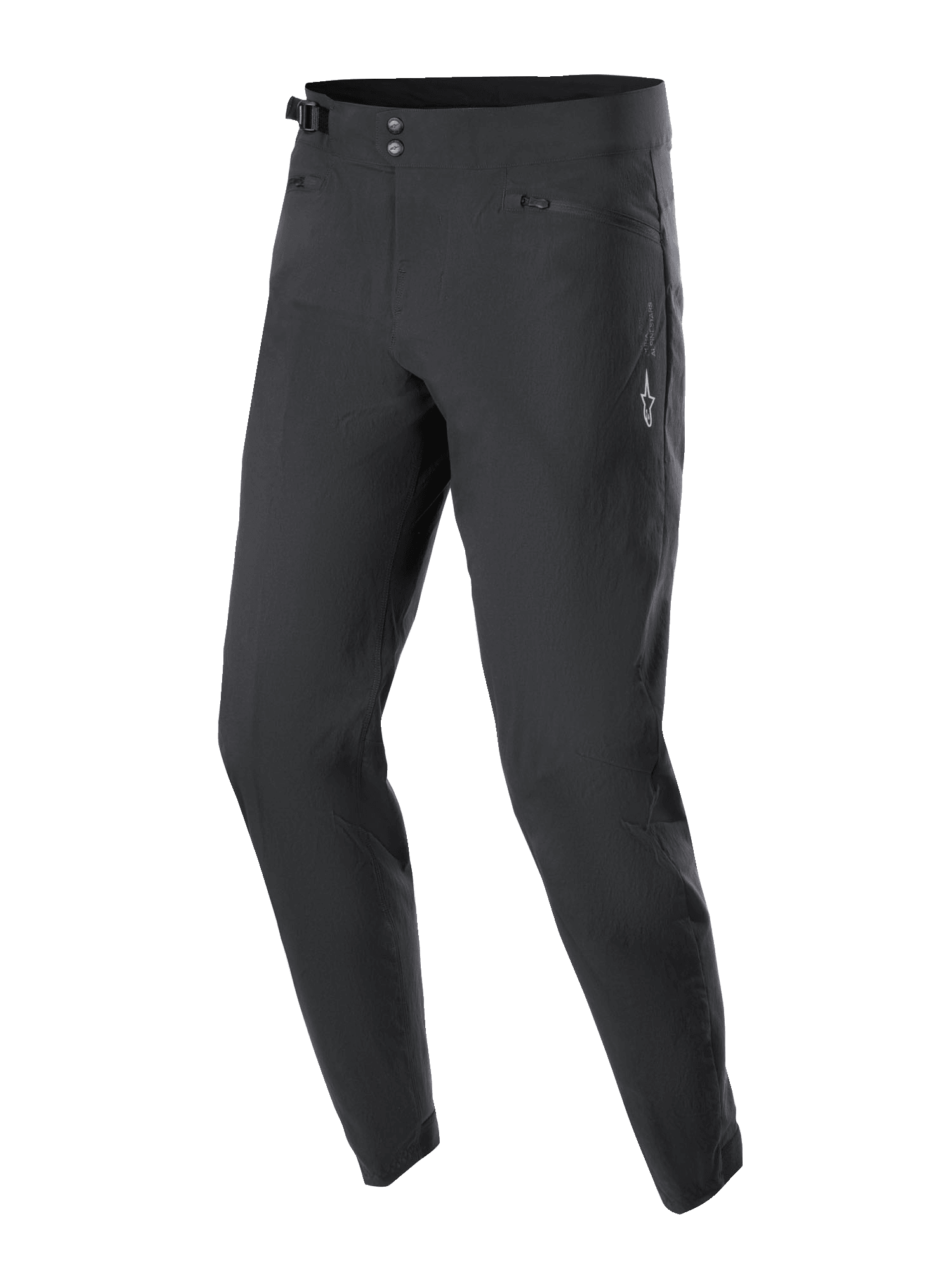 Pantalones Alpinestars A-Dura, pantalones de ciclismo de montaña, negros, con cierre de doble broche en la cintura, ajustadores laterales, bolsillos con cremallera y forro de malla, y logo Astars blanco en el muslo, diseñados para durabilidad en todoterreno.