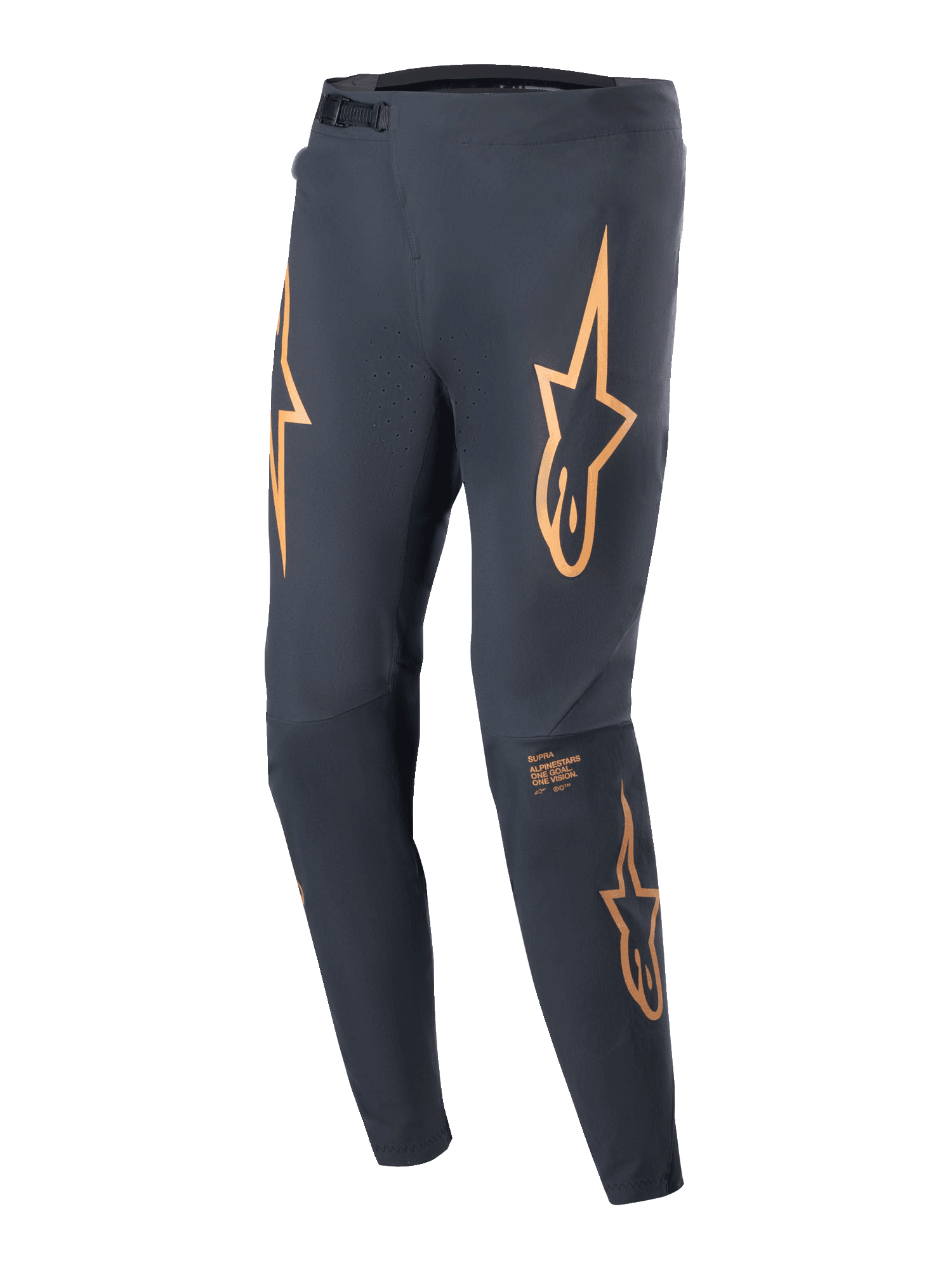 Alpinestars A-Supra Race Pants, pantalones de ciclismo MTB, negros con logotipos de estrella naranja prominentes en los muslos, cierre frontal de trinquete, ventilación perforada por láser y ajuste atlético cónico