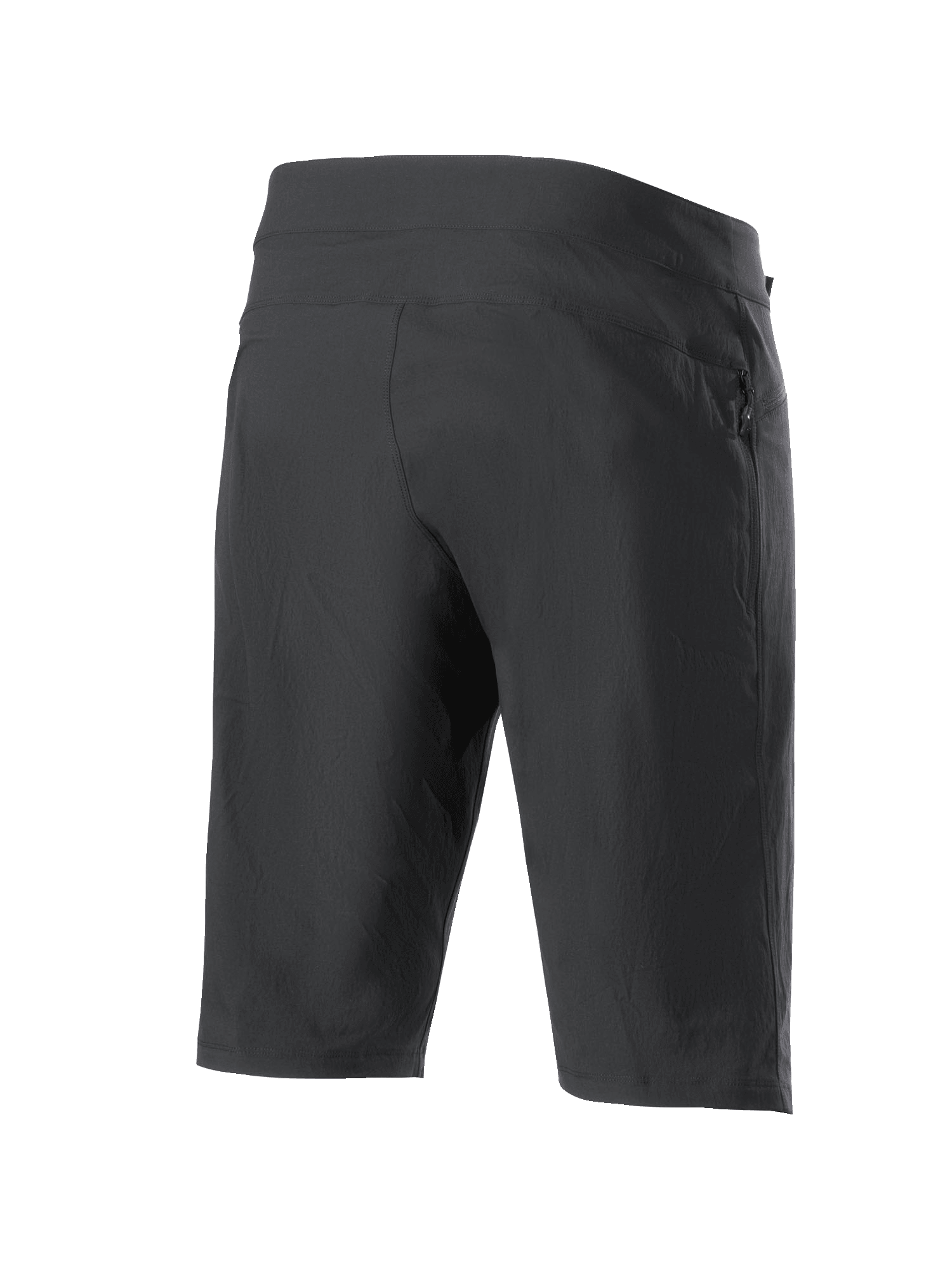 Shorts Alpinestars A-Dura, shorts de ciclismo de montaña, negros, vista trasera que muestra el bolsillo con cremallera y el tejido elástico texturizado, diseñados para MTB y ciclismo todoterreno