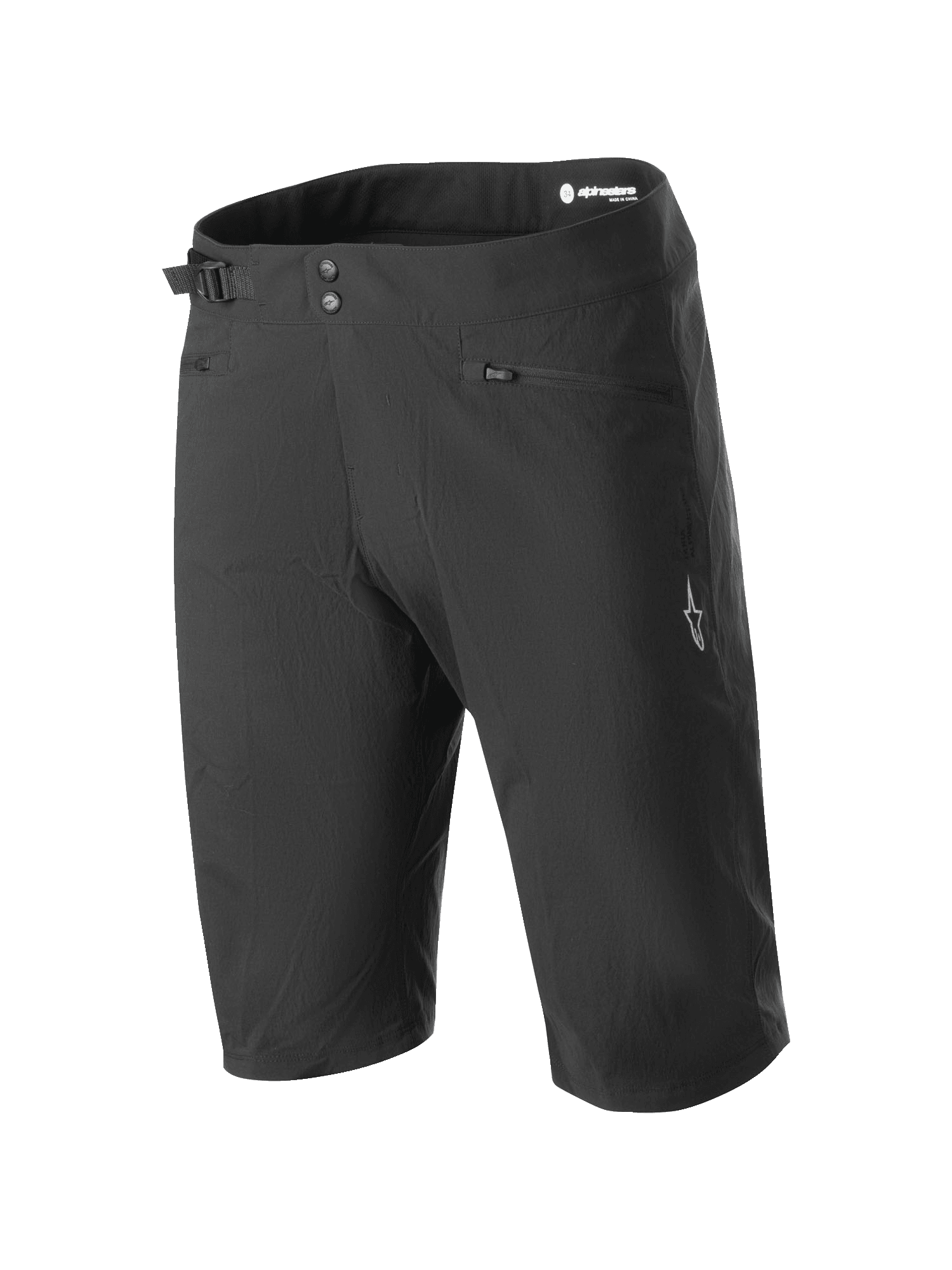 Alpinestars A-Dura Shorts, shorts de mountain bike, negro, con cierre de doble broche, ajustador lateral de cintura, bolsillos con cremallera y logotipo blanco en la pierna, tejido elástico resistente en 2 direcciones para ciclismo todoterreno