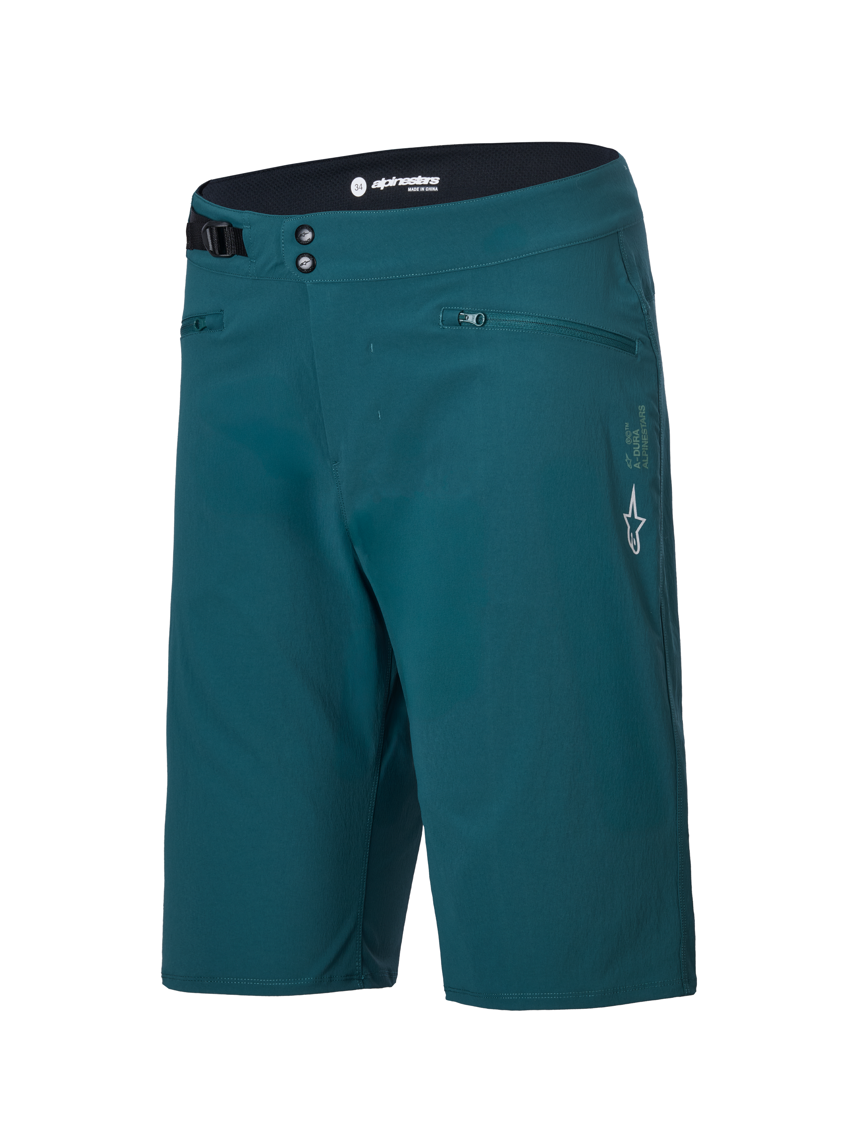 Shorts Alpinestars A-Dura, shorts de ciclismo de montaña, color verde pino oscuro, con bolsillos con cremallera, cierre frontal de doble broche, ajuste lateral de cintura regulable y logo blanco de Alpinestars en la pierna izquierda, diseño duradero para ciclismo MTB