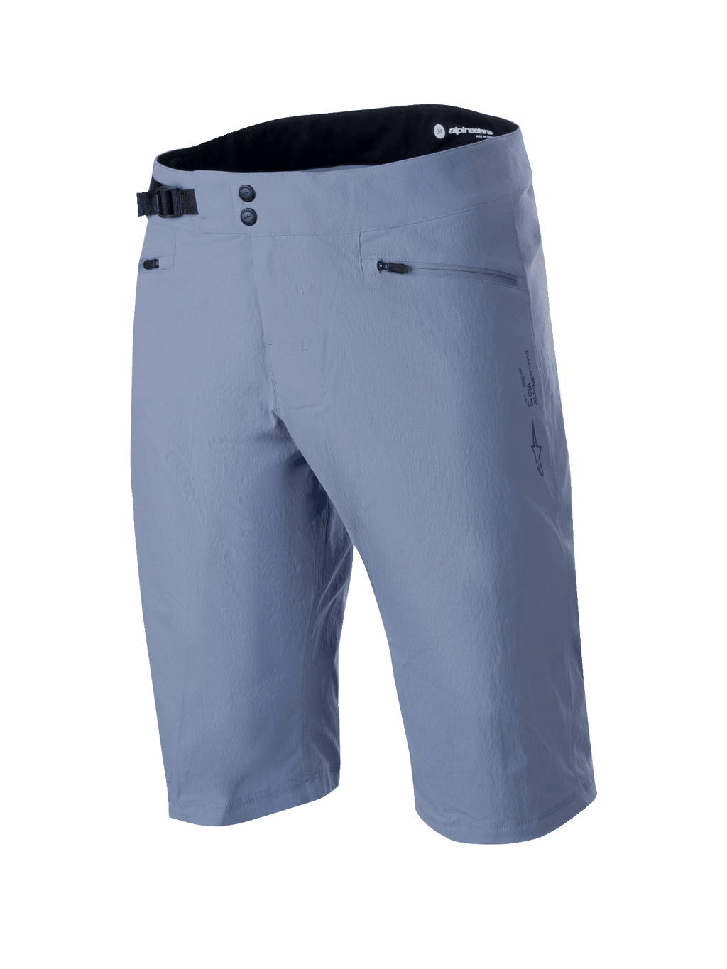 Alpinestars A-Dura Shorts, pantalones cortos de ciclismo de montaña en color azul Infinity, con cierre frontal de doble broche, hebilla lateral ajustable negra, bolsillos con cremallera y tejido elástico texturizado en 2 direcciones, ropa técnica de MTB
