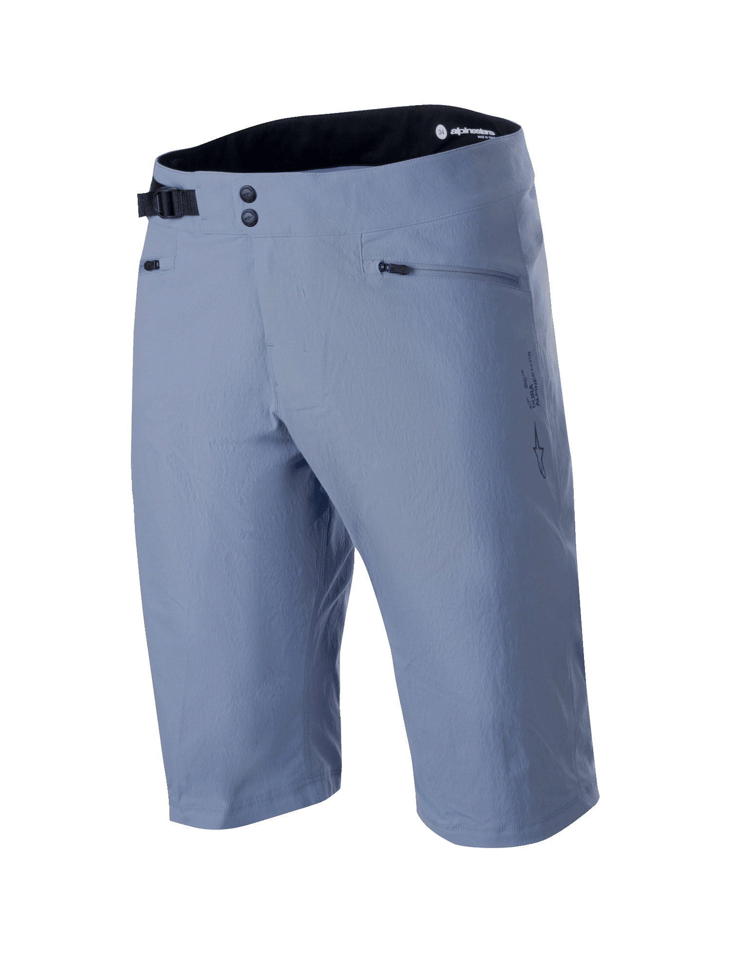 Alpinestars A-Dura Shorts, pantalones cortos de ciclismo de montaña en color azul Infinity, con cierre frontal de doble broche, hebilla lateral ajustable negra, bolsillos con cremallera y tejido elástico texturizado en 2 direcciones, ropa técnica de MTB