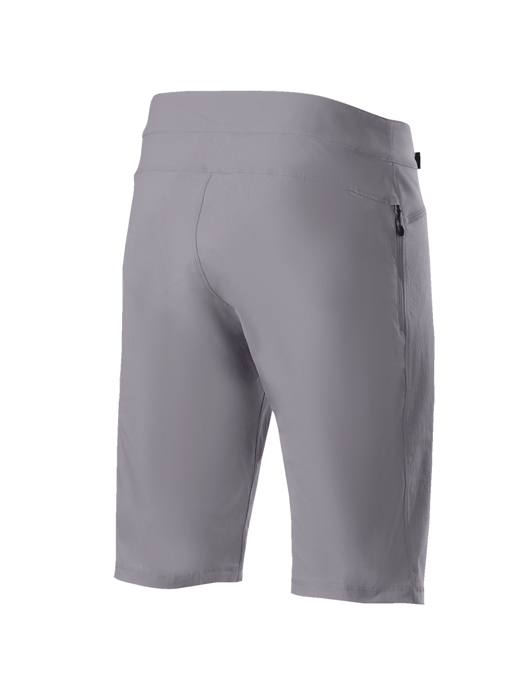 Shorts Alpinestars A-Dura, shorts de ciclismo de montaña, gris oscuro, vista trasera en tres cuartos que muestra el tejido elástico duradero en dos direcciones y el bolsillo lateral con cremallera, ropa técnica de ciclismo