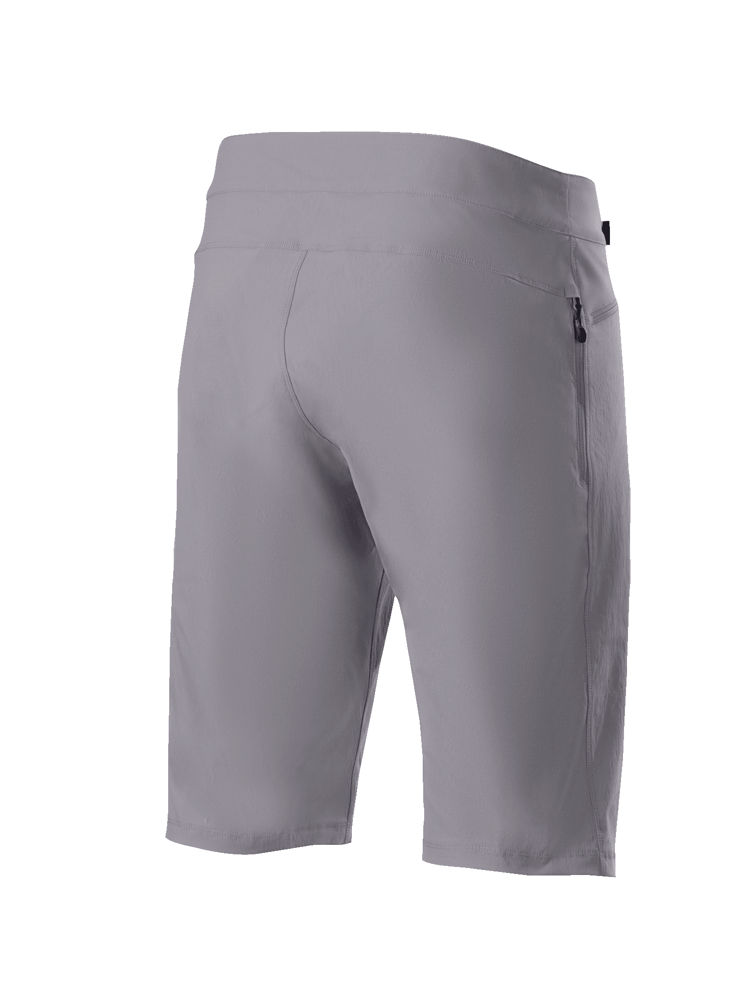 Shorts Alpinestars A-Dura, shorts de ciclismo de montaña, gris oscuro, vista trasera en tres cuartos que muestra el tejido elástico duradero en dos direcciones y el bolsillo lateral con cremallera, ropa técnica de ciclismo