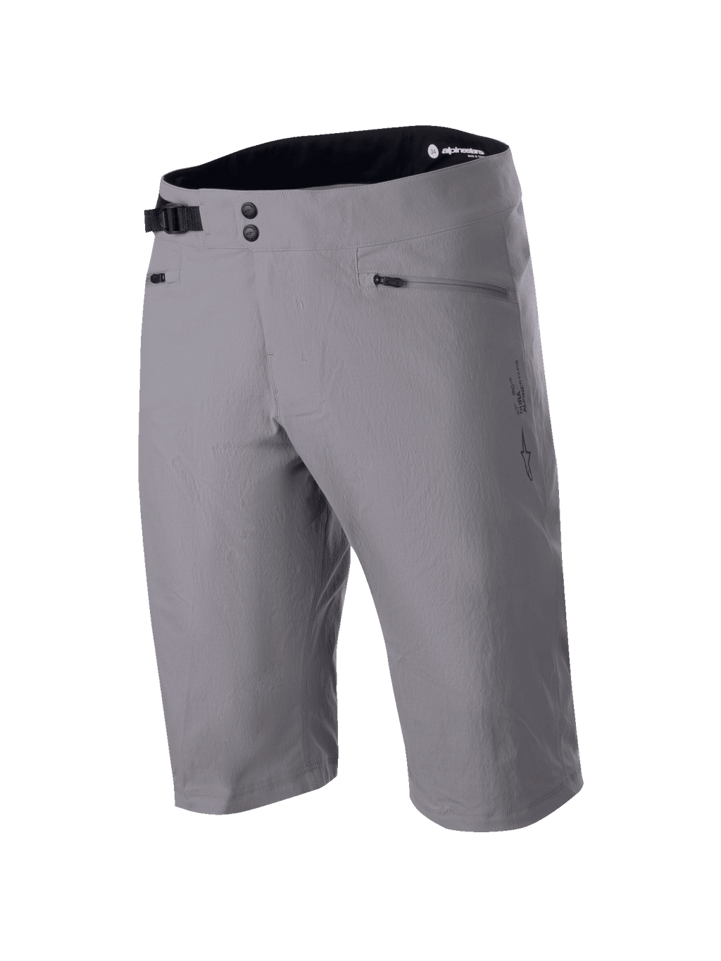 Alpinestars A-Dura Shorts, pantalones cortos de MTB, gris oscuro, diseño hasta la rodilla con cierre de cintura de doble botón a presión y ajuste lateral, bolsillos con cremallera, tejido técnico elástico en 2 direcciones para ciclismo de montaña
