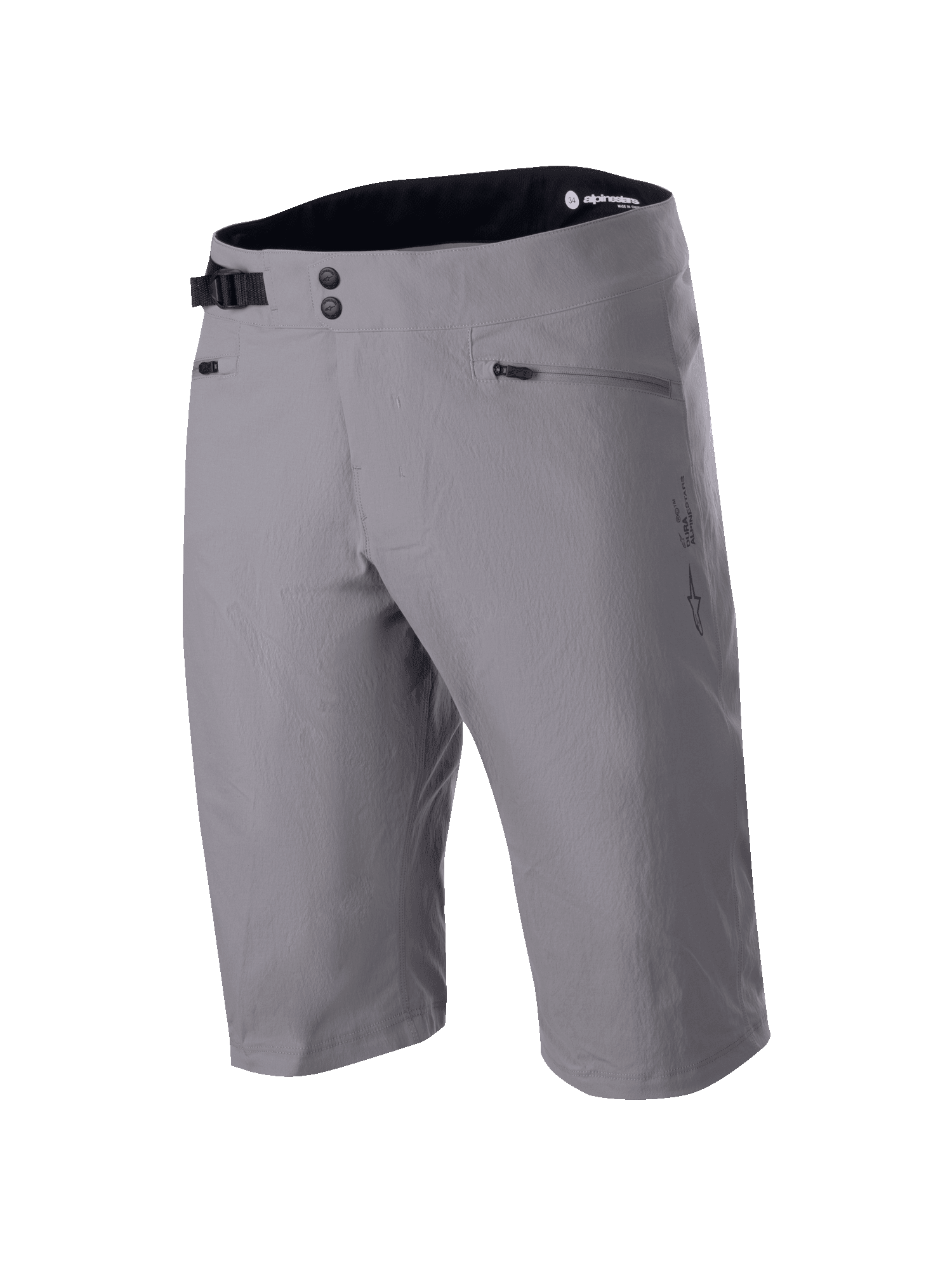 Alpinestars A-Dura Shorts, pantalones cortos de MTB, gris oscuro, diseño hasta la rodilla con cierre de cintura de doble botón a presión y ajuste lateral, bolsillos con cremallera, tejido técnico elástico en 2 direcciones para ciclismo de montaña