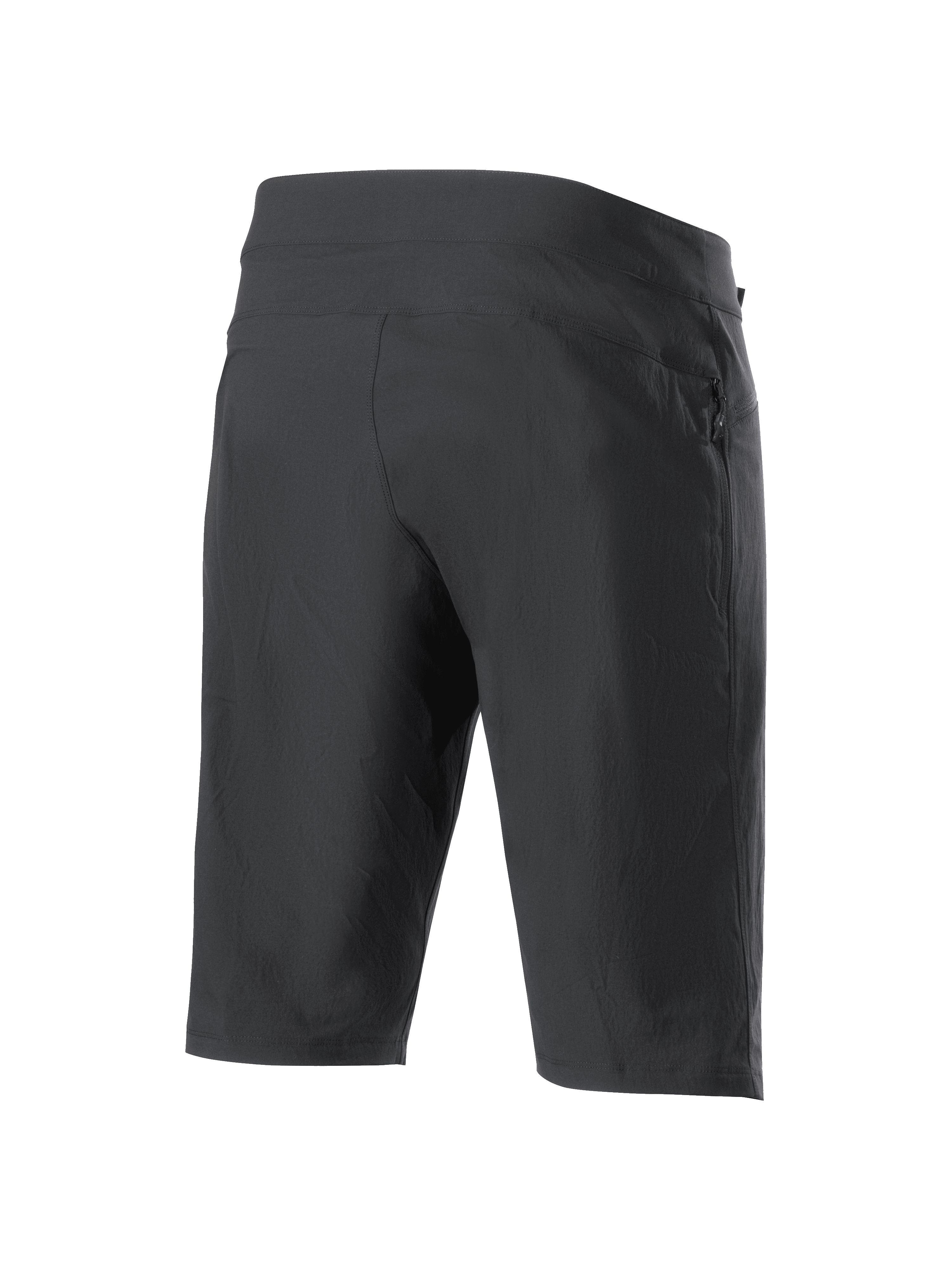 Alpinestars A-Dura Liner Shorts, shorts de MTB negros, vista trasera en tres cuartos, con un bolsillo lateral con cremallera, tejido elástico duradero y un diseño atlético estilizado para ciclismo de montaña