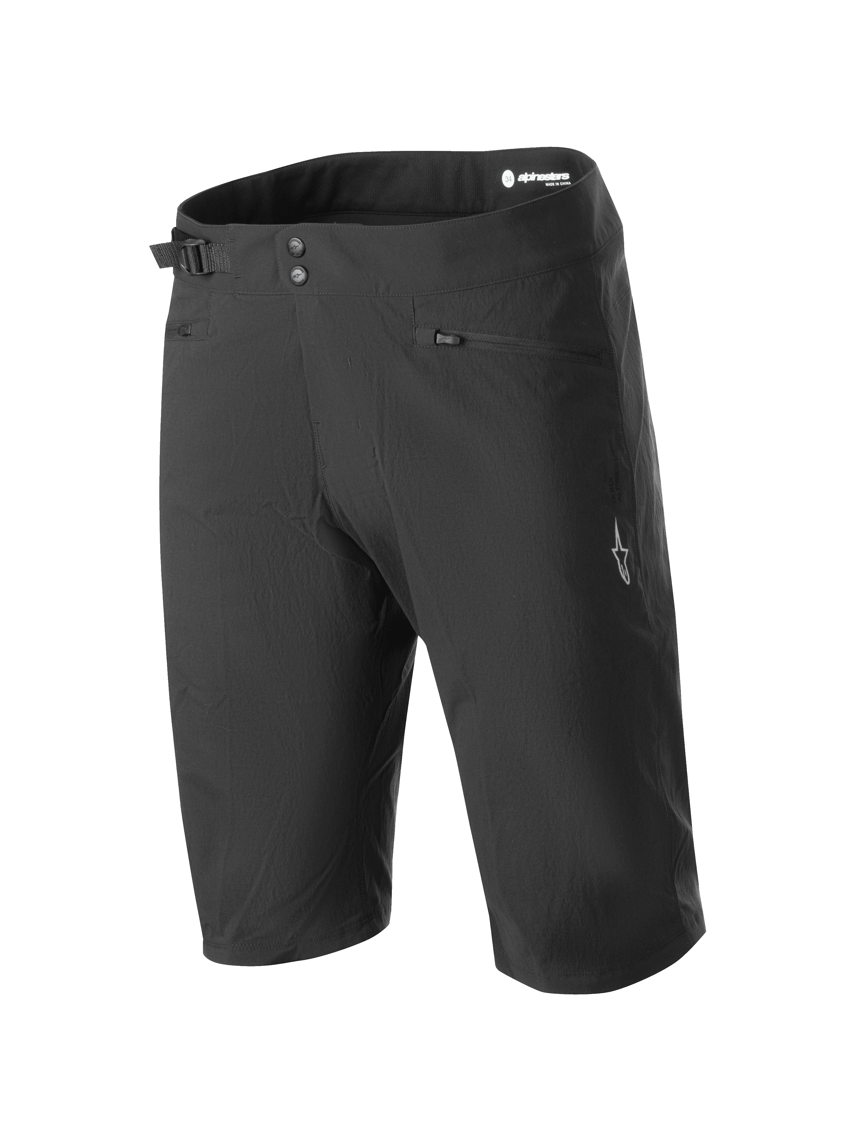 Alpinestars A-Dura Liner Shorts, shorts de ciclismo de montaña negros, cierre de doble broche con ajuste lateral de cintura, bolsillos para las manos con cremallera, logo de estrella blanca en la pierna, tejido duradero y elástico para MTB.