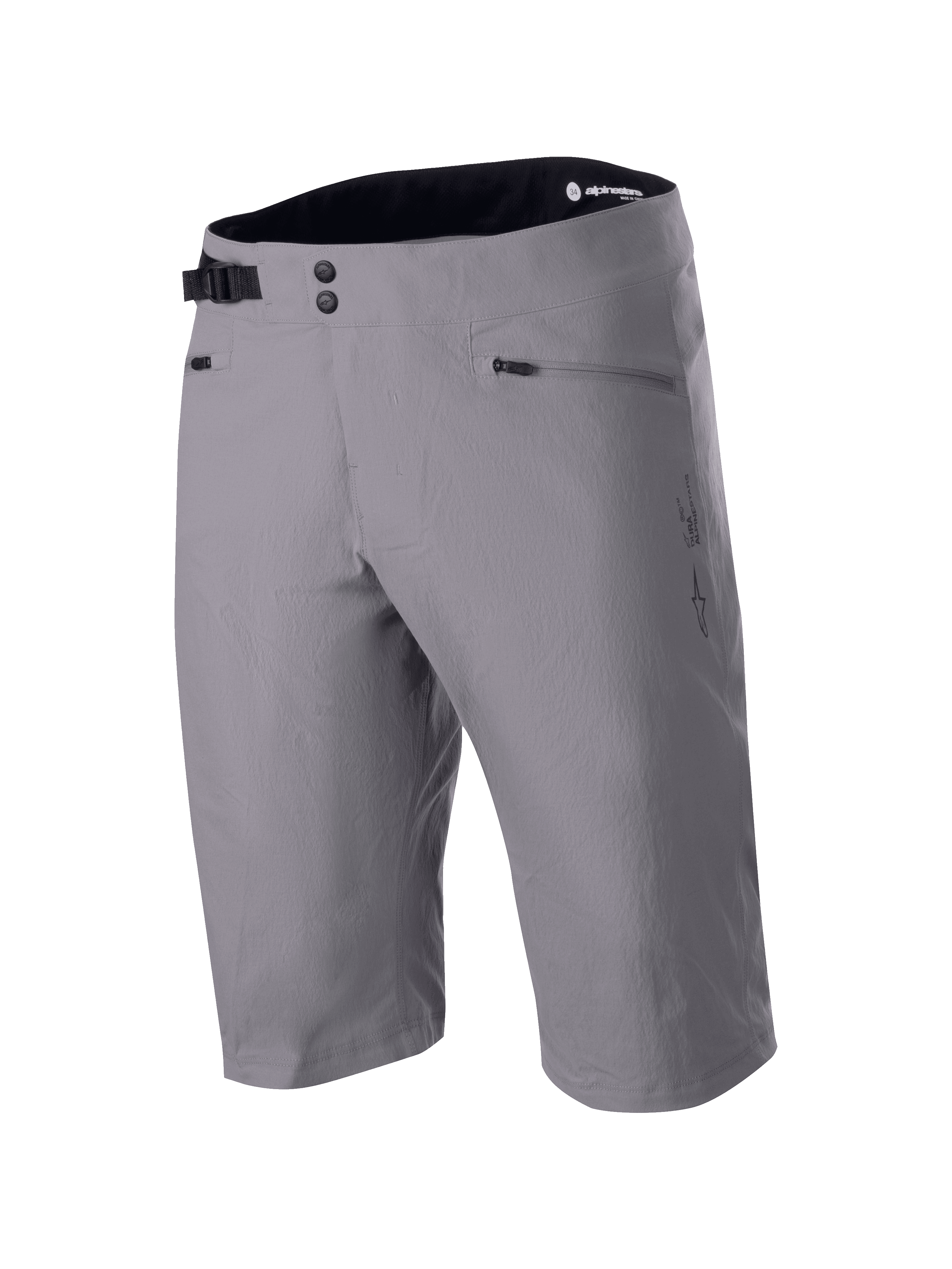 Alpinestars A-Dura Liner Shorts, pantalones cortos de ciclismo de montaña MTB, gris oscuro, cierre frontal de doble broche con hebilla de ajuste lateral, bolsillos de mano con cremallera, tejido técnico duradero elástico en 2 direcciones, logotipo de Astars en el lateral y cinturilla interior negra