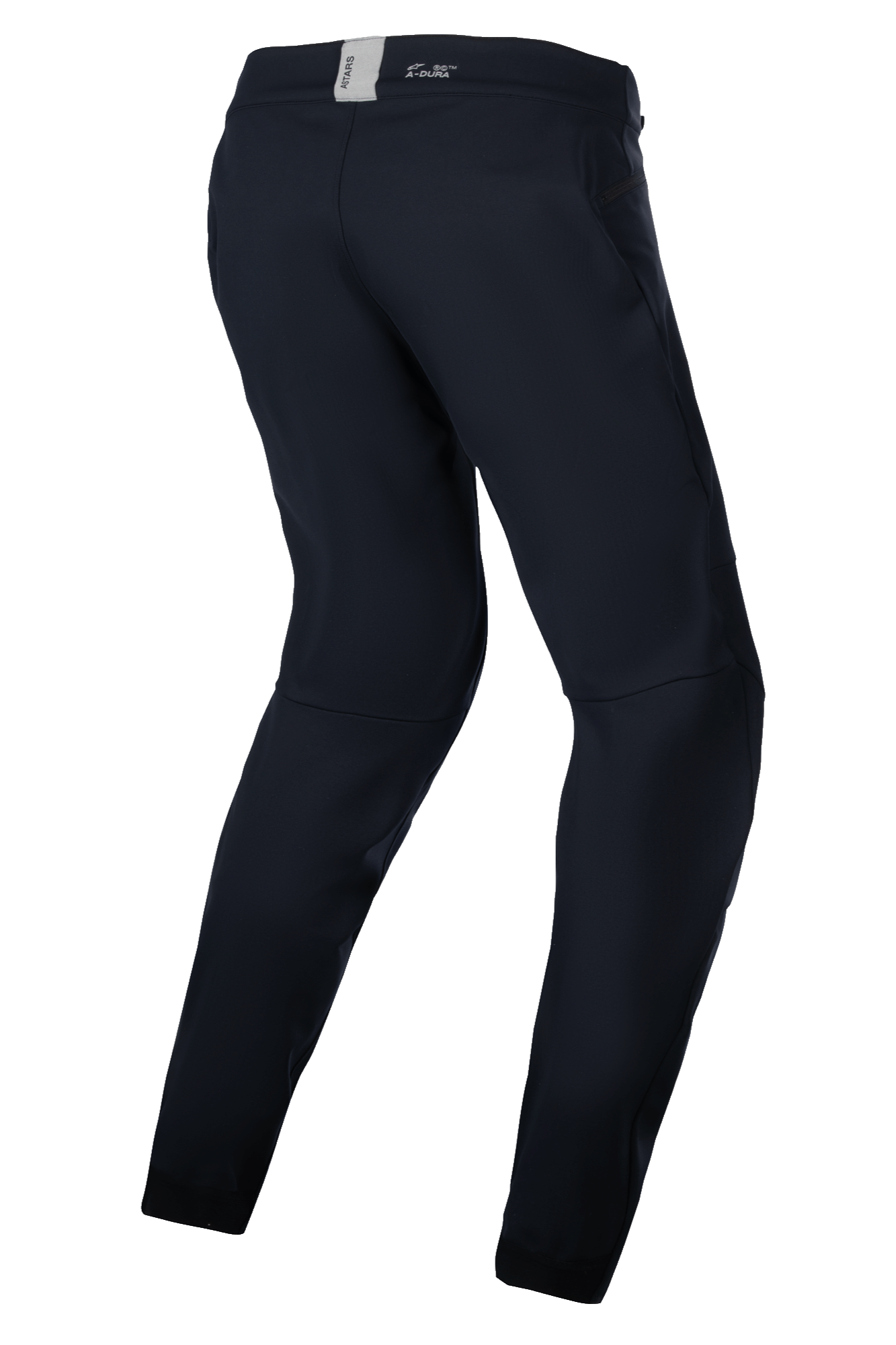 Alpinestars Stella A-Dura Thermal Pants, pantalones de MTB para mujer, negros, equipamiento técnico para ciclismo en climas fríos, vista trasera de tres cuartos que destaca el ajuste ergonómico precurvado y la cintura con marca ASTARS