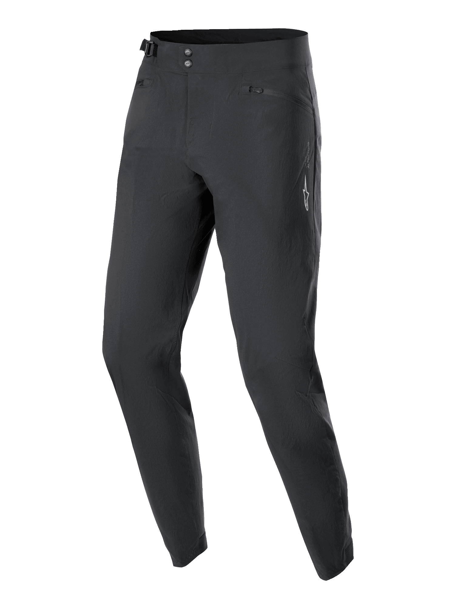 Alpinestars Women Stella A-Dura Pants, MTB Cycling Pants, Black, featuring a double snap front closure, adjustable side waist cinch, and zippered pockets, minimalist design with a small white star logo, durable 2-way stretch fabric for off-road riding