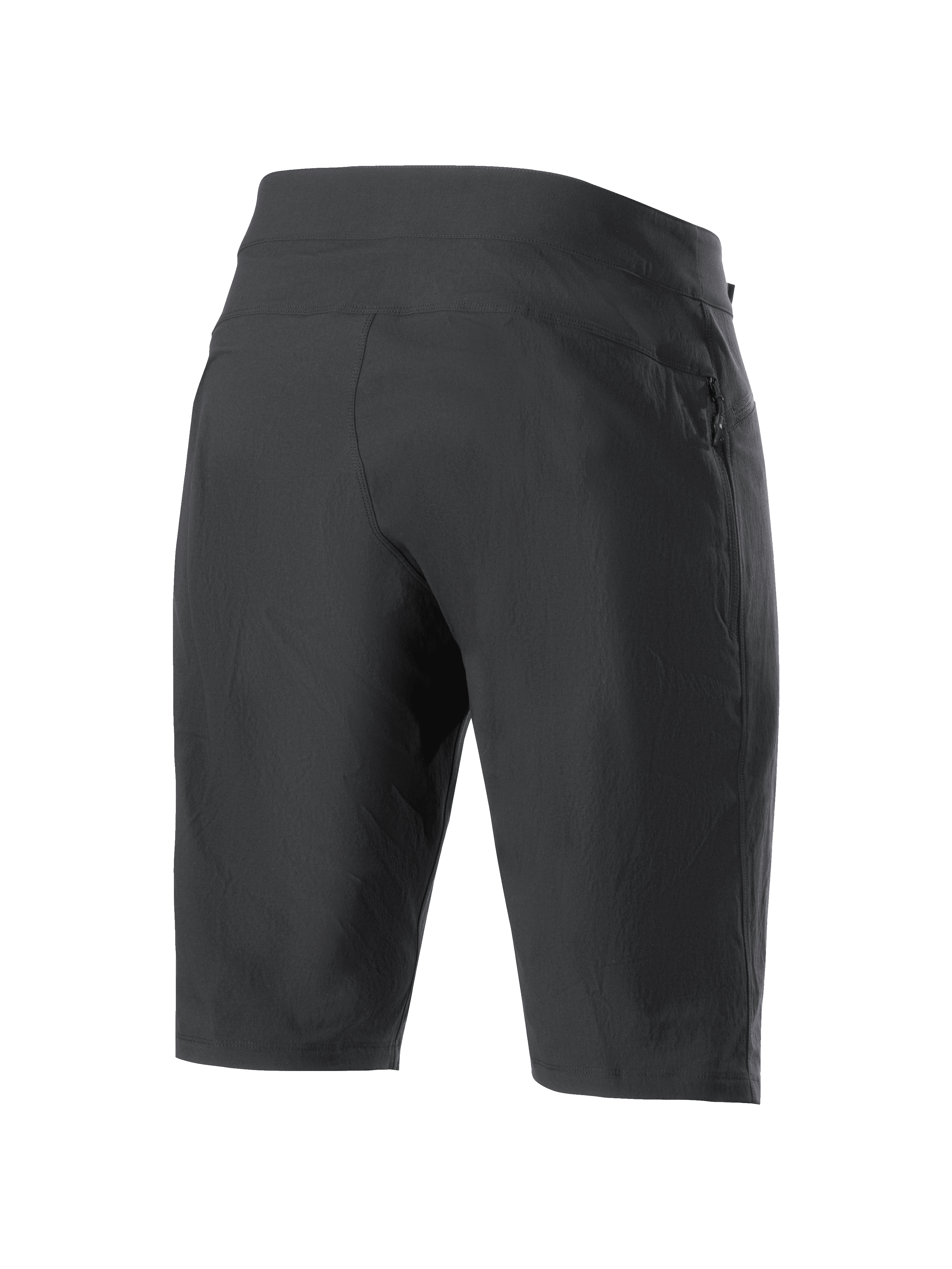 Alpinestars Stella A-Dura Liner Shorts para mujer, negros, vista trasera, shorts resistentes para ciclismo de montaña con un bolsillo lateral con cremallera y tejido elástico en 2 direcciones para mayor movilidad