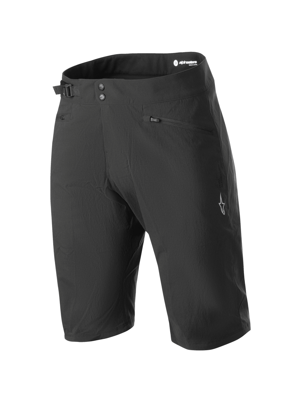 Alpinestars Stella A-Dura Liner Shorts, pantalones cortos de montaña para mujer, negros, de largo hasta la rodilla con cierre de doble broche y ajustador lateral, bolsillos con cremallera y logotipo de estrella blanca en la pierna, tejido elástico duradero en 2 direcciones para MTB