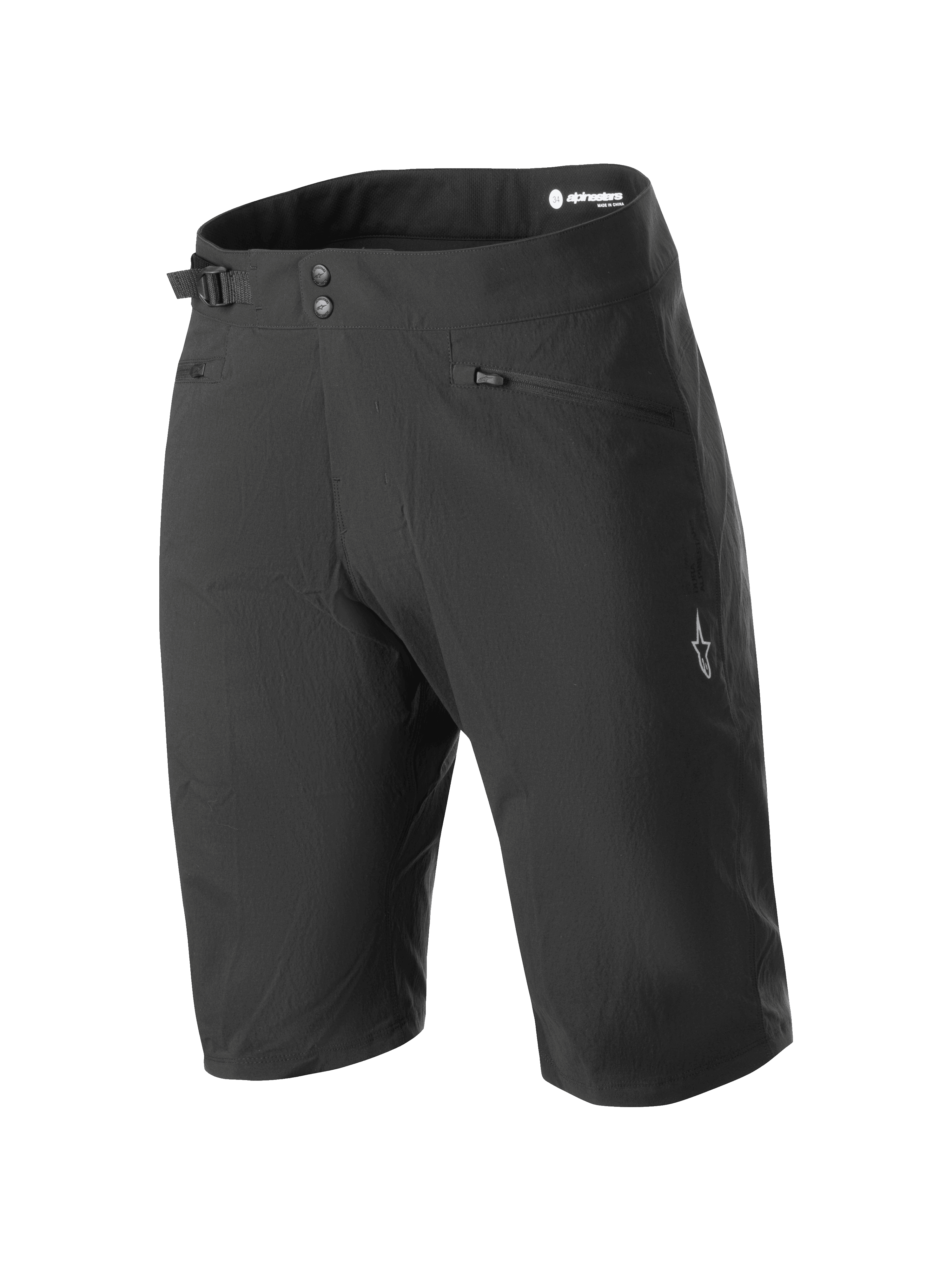 Alpinestars Stella A-Dura Liner Shorts, pantalones cortos de montaña para mujer, negros, de largo hasta la rodilla con cierre de doble broche y ajustador lateral, bolsillos con cremallera y logotipo de estrella blanca en la pierna, tejido elástico duradero en 2 direcciones para MTB