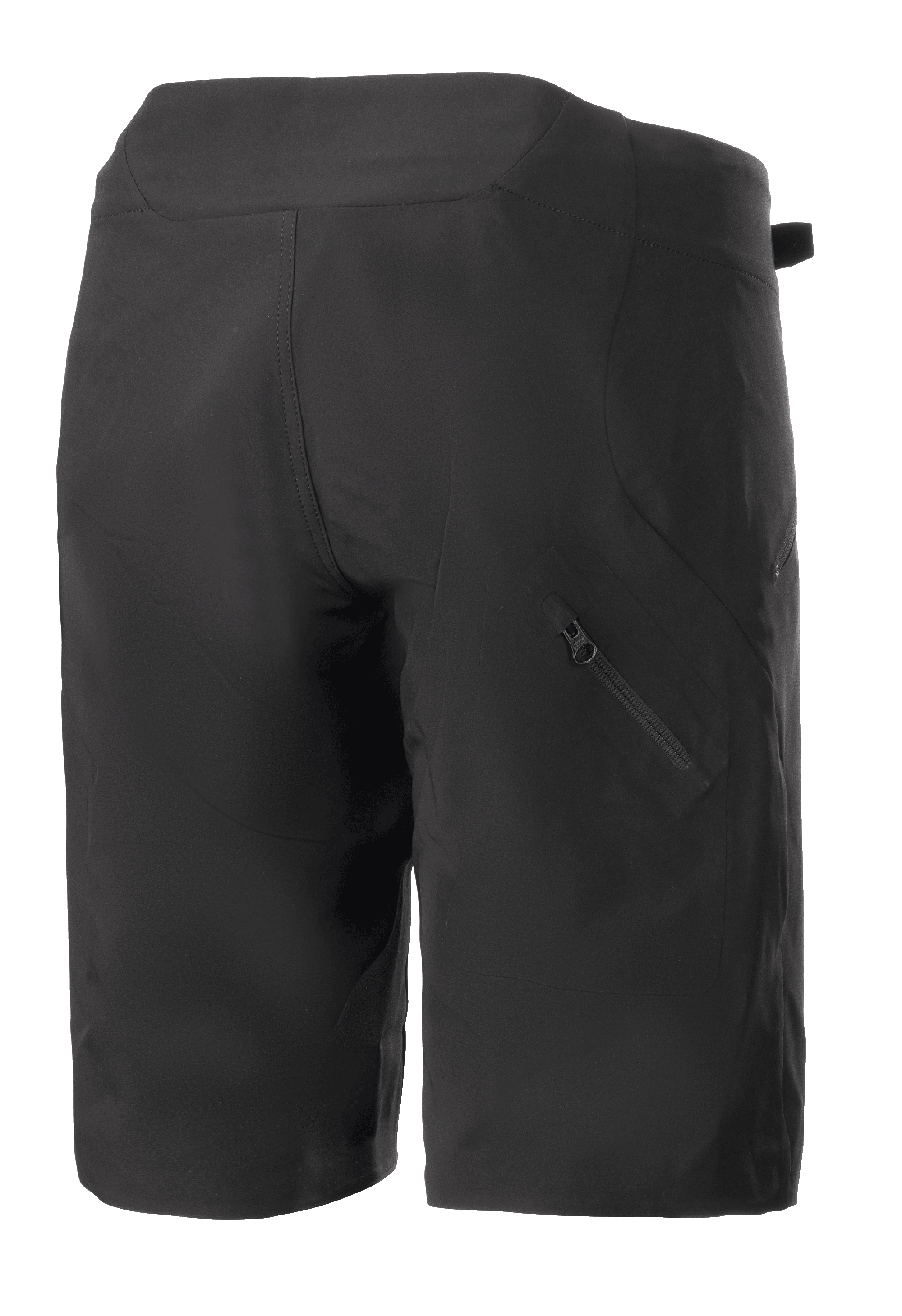 Alpinestars Stella Drop Algorithm Shorts para mujer, negros, pantalones cortos de ciclismo de montaña, vista trasera que muestra paneles técnicos y bolsillo diagonal con cremallera en la pierna derecha, diseño ligero y duradero para ciclismo todoterreno