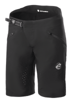 Alpinestars Stella Drop Algorithm Shorts, pantalones cortos de ciclismo de montaña para mujer, negros, con cierre de cintura con trinquete, bolsillos delanteros con cremallera, costuras internas perforadas con láser para ventilación y tejido técnico ligero con el logo de Alpinestars en la pierna.