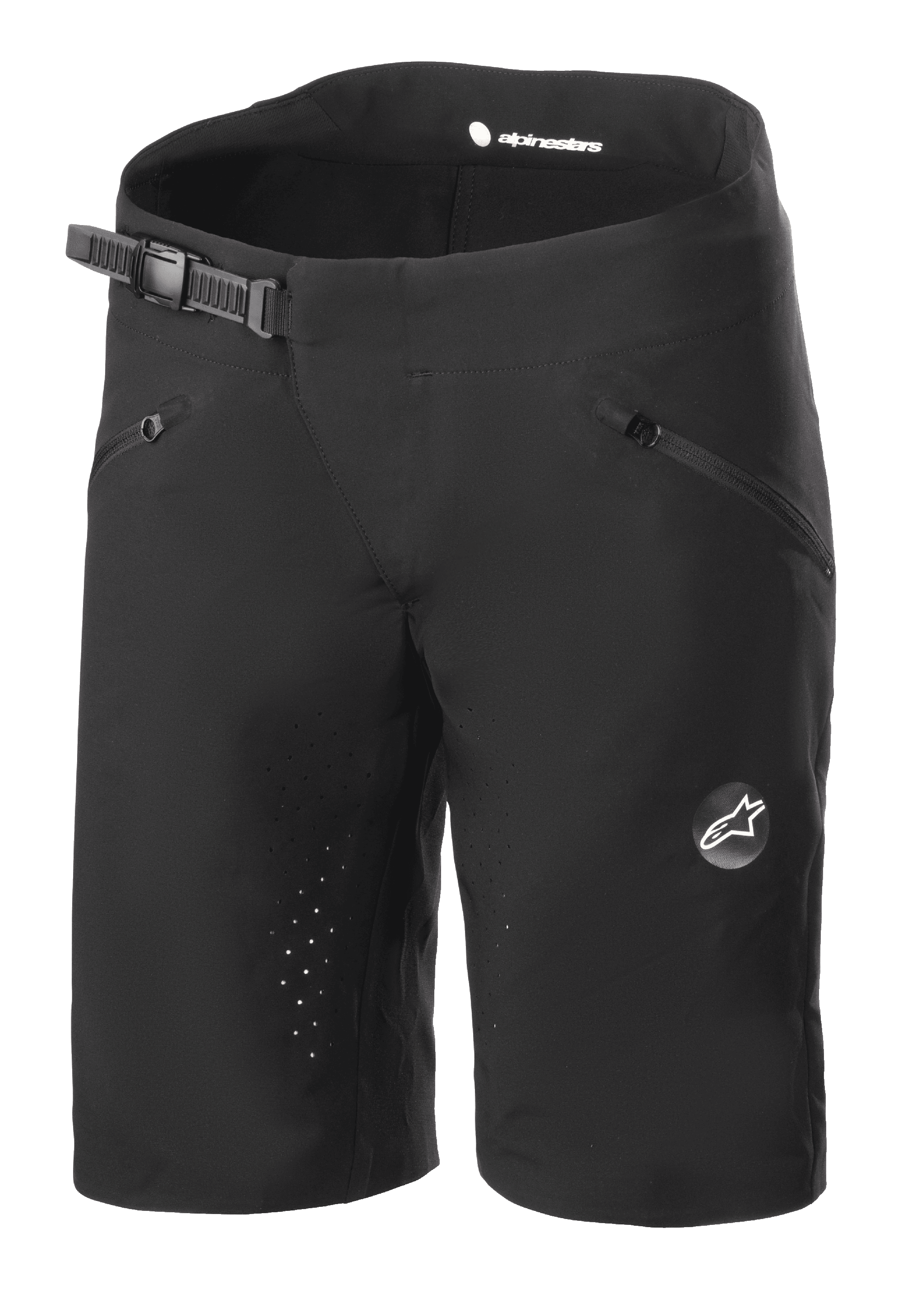Alpinestars Stella Drop Algorithm Shorts, pantalones cortos de ciclismo de montaña para mujer, negros, con cierre de cintura con trinquete, bolsillos delanteros con cremallera, costuras internas perforadas con láser para ventilación y tejido técnico ligero con el logo de Alpinestars en la pierna.