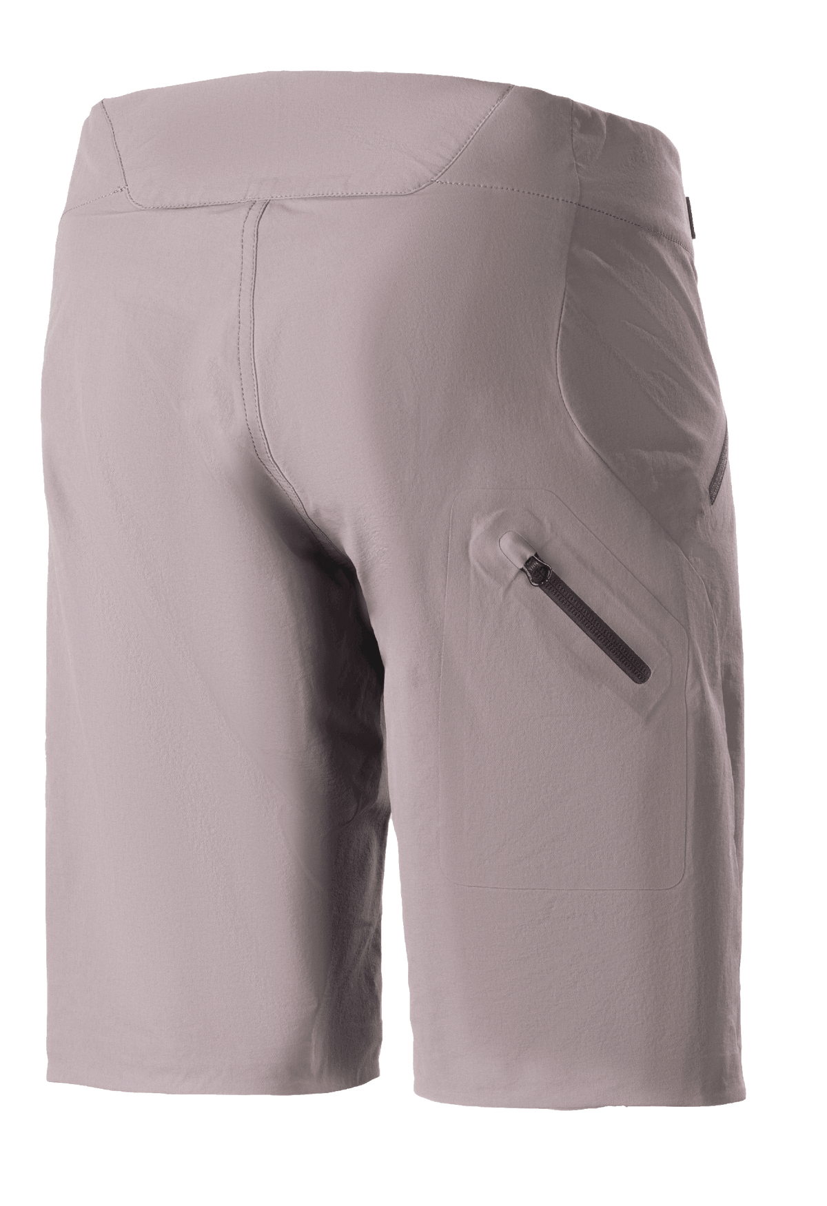 Shorts Alpinestars Stella Drop Algorithm para mujer, pantalones cortos de mountain bike, Gris Sparrow, vista trasera con un bolsillo termosellado con cremallera en la pierna, tejido técnico elástico con ajuste específico para mujer, diseñados para trail y ciclismo de montaña de alto rendimiento.