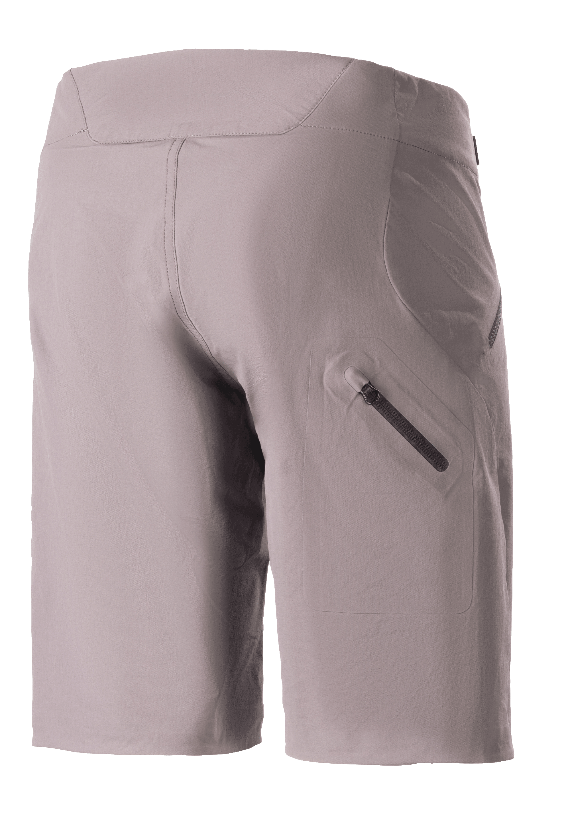 Shorts Alpinestars Stella Drop Algorithm para mujer, pantalones cortos de mountain bike, Gris Sparrow, vista trasera con un bolsillo termosellado con cremallera en la pierna, tejido técnico elástico con ajuste específico para mujer, diseñados para trail y ciclismo de montaña de alto rendimiento.