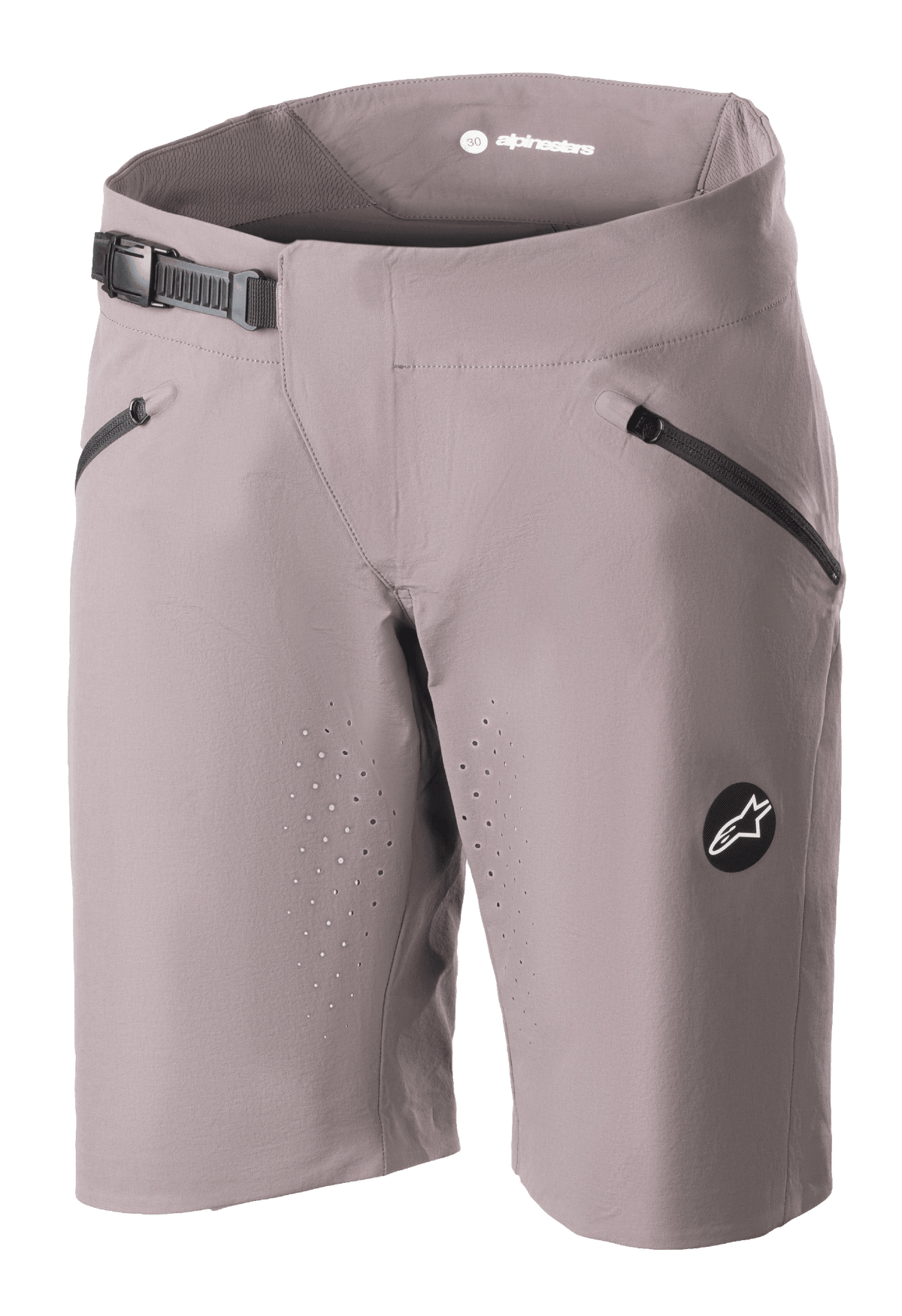 Alpinestars Women's Stella Drop Algorithm Shorts, MTB Mountain Biking Shorts, Sparrow Gray, featuring black ratchet waistband closure, zippered front pockets, laser-perforated ventilation holes, and circular logo emblem, performance cycling gear
