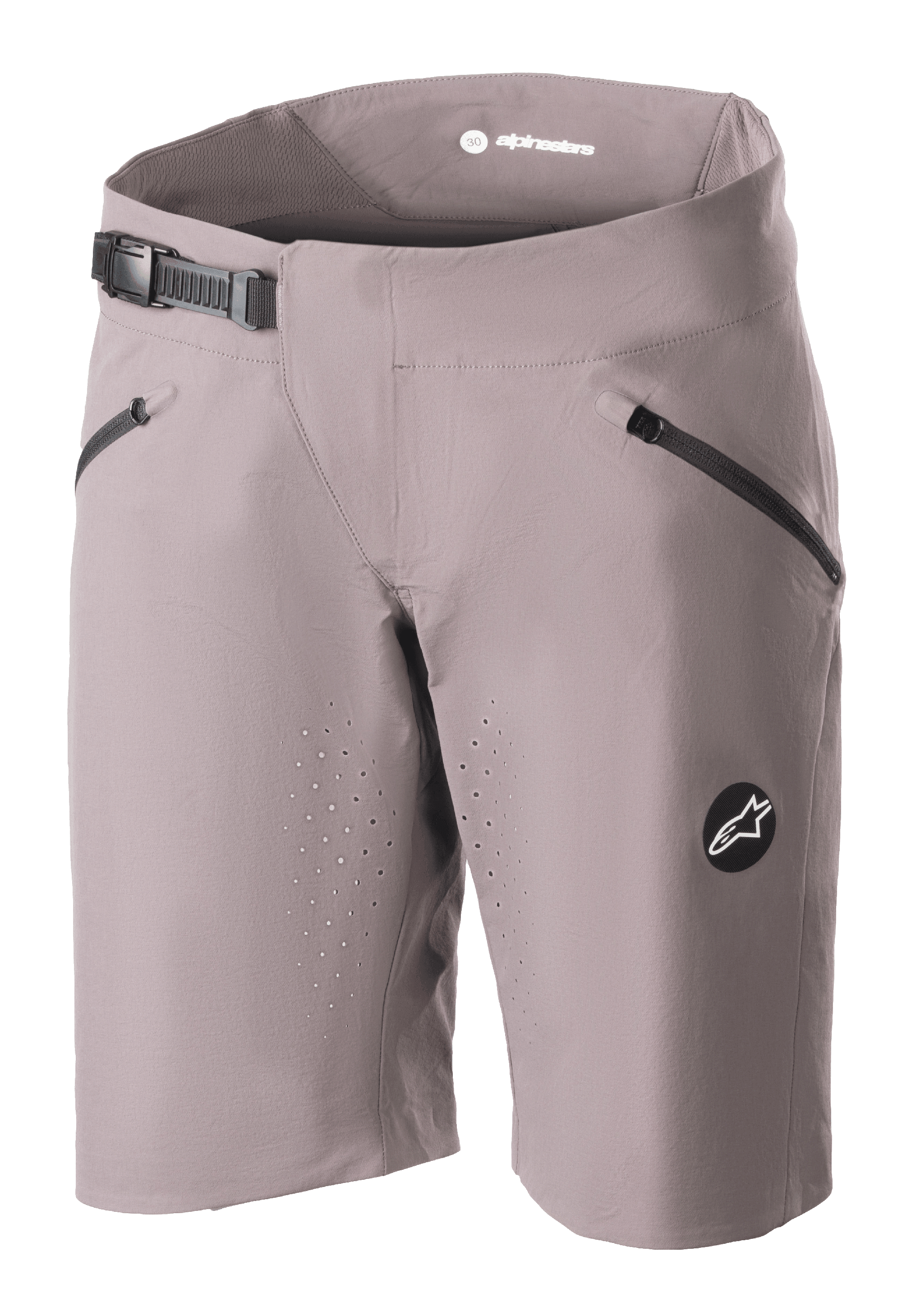 Alpinestars Stella Drop Algorithm Shorts para mujer, pantalones cortos de MTB para ciclismo de montaña, color gris, con cierre de cintura de trinquete negro, bolsillos delanteros con cremallera, perforaciones de ventilación por láser y emblema de logotipo circular, equipamiento de ciclismo de alto rendimiento