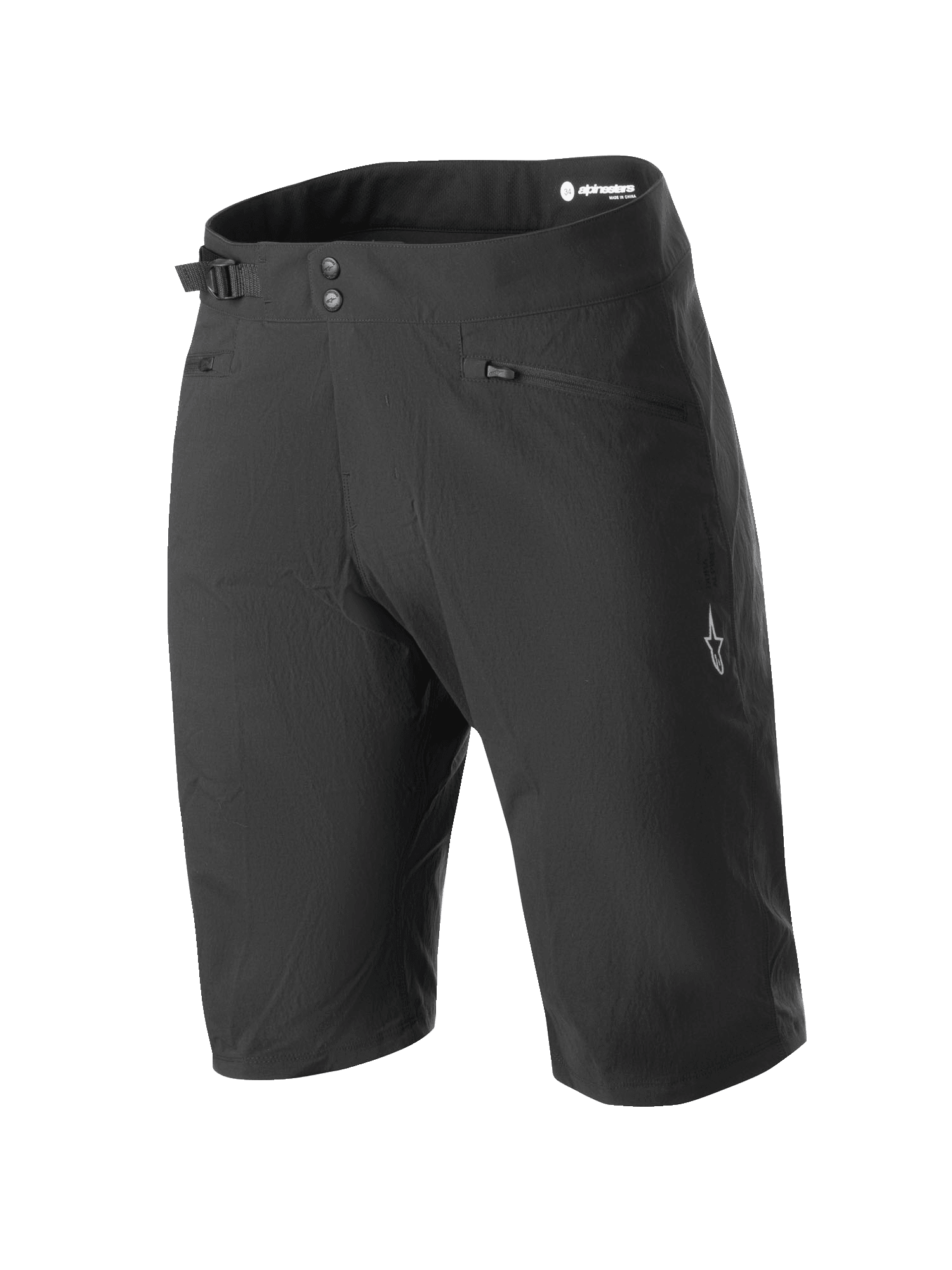Alpinestars Stella A-Dura Shorts, Women's MTB Mountain Biking Shorts, Black, featuring a double snap closure and side waist cinch adjuster, zippered pockets, knee-length technical design in durable 2-way stretch fabric