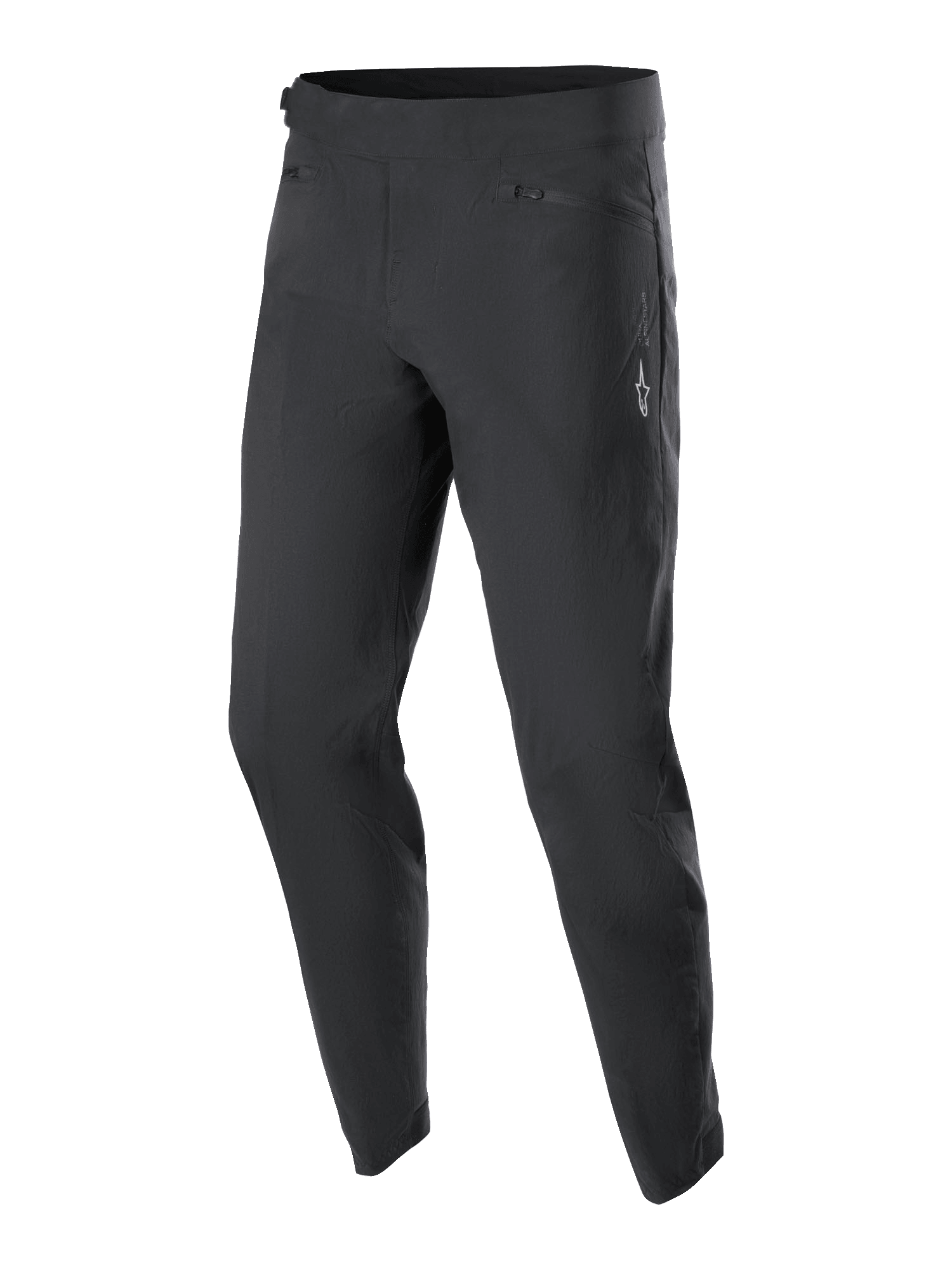 Alpinestars Youth A-Dura Pants, pantalones de ciclismo MTB para jóvenes, negros, con dos bolsillos delanteros con cremallera y un pequeño logotipo blanco de Alpinestars en el muslo izquierdo, diseño de pierna cónica y tejido elástico duradero para ciclismo de montaña.