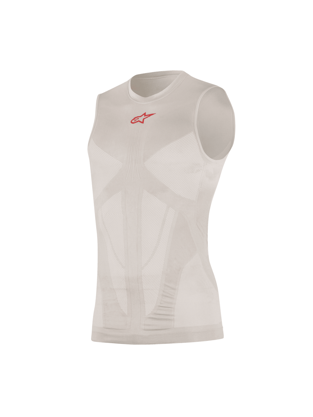Alpinestars Tech Tank Summer, capa base sin mangas, plateado y rojo, con un pequeño logotipo rojo en el pecho, paneles de ventilación de malla con mapeo corporal, construcción tubular sin costuras, tejido técnico ultraligero