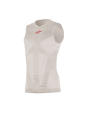 Alpinestars Tech Tank Summer, capa base sin mangas, plateado y rojo, con un pequeño logotipo rojo en el pecho, paneles de ventilación de malla con mapeo corporal, construcción tubular sin costuras, tejido técnico ultraligero
