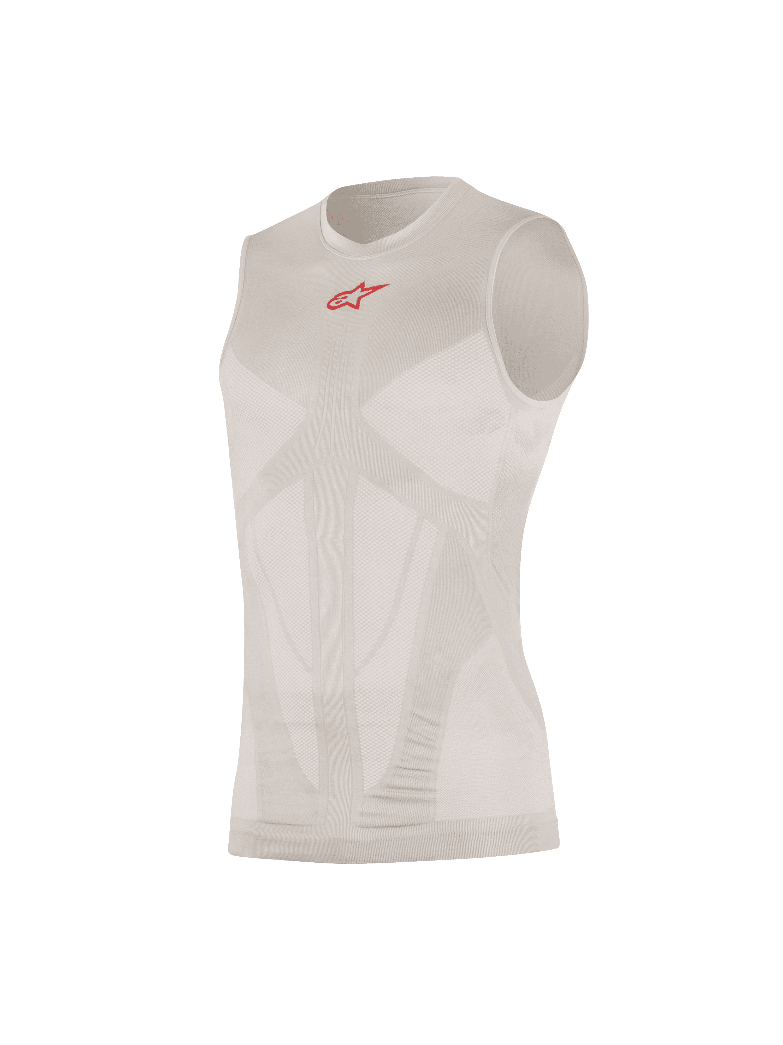 Alpinestars Tech Tank Summer, capa base sin mangas, plateado y rojo, con un pequeño logotipo rojo en el pecho, paneles de ventilación de malla con mapeo corporal, construcción tubular sin costuras, tejido técnico ultraligero
