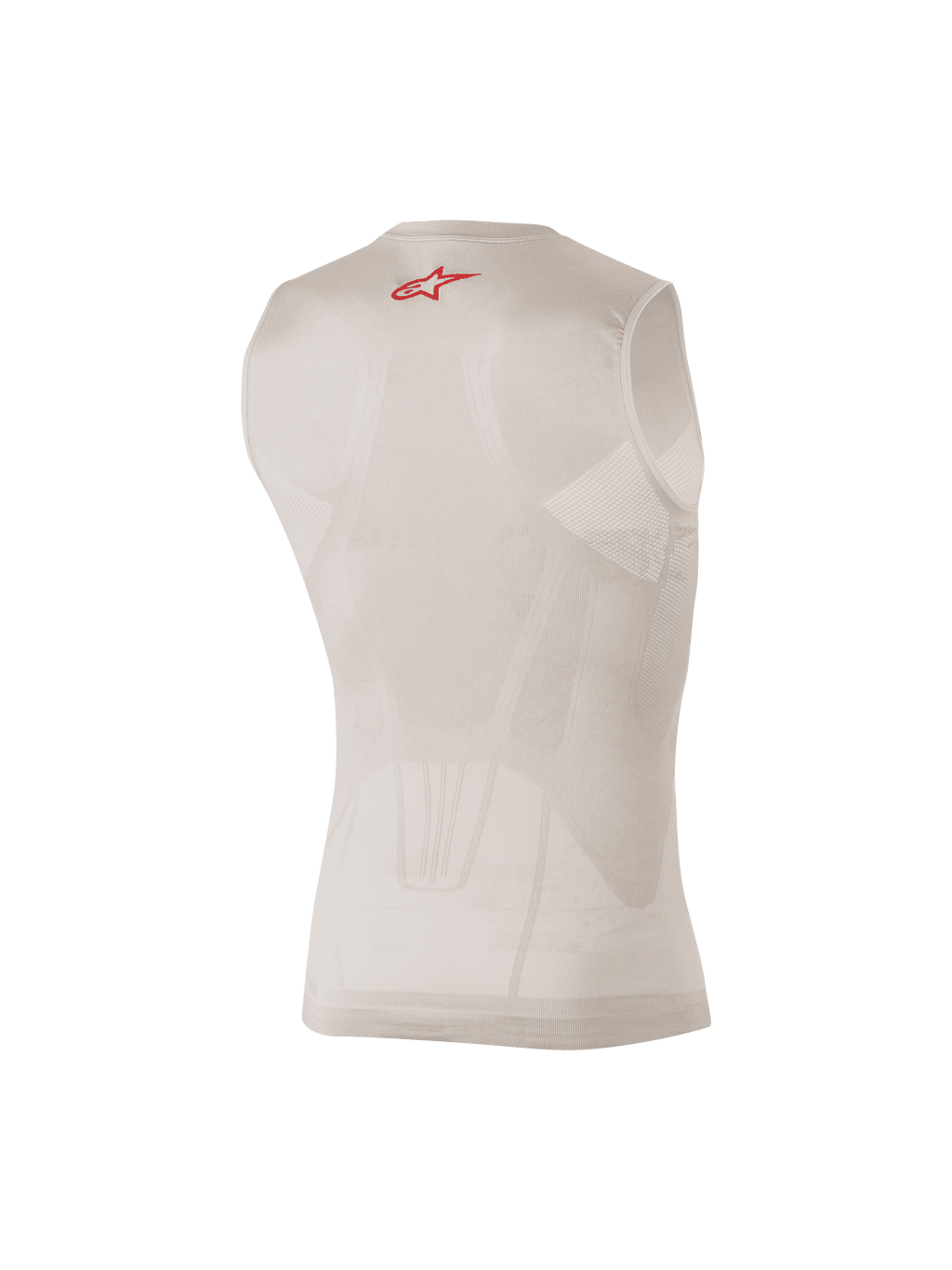 Alpinestars Tech Tank Summer, capa base sin mangas en color plateado y rojo, vista trasera que muestra paneles de malla con mapeo corporal y un pequeño logotipo rojo en la parte superior de la espalda, diseñada para la absorción de la humedad y la refrigeración bajo el equipo de motocross o MTB.