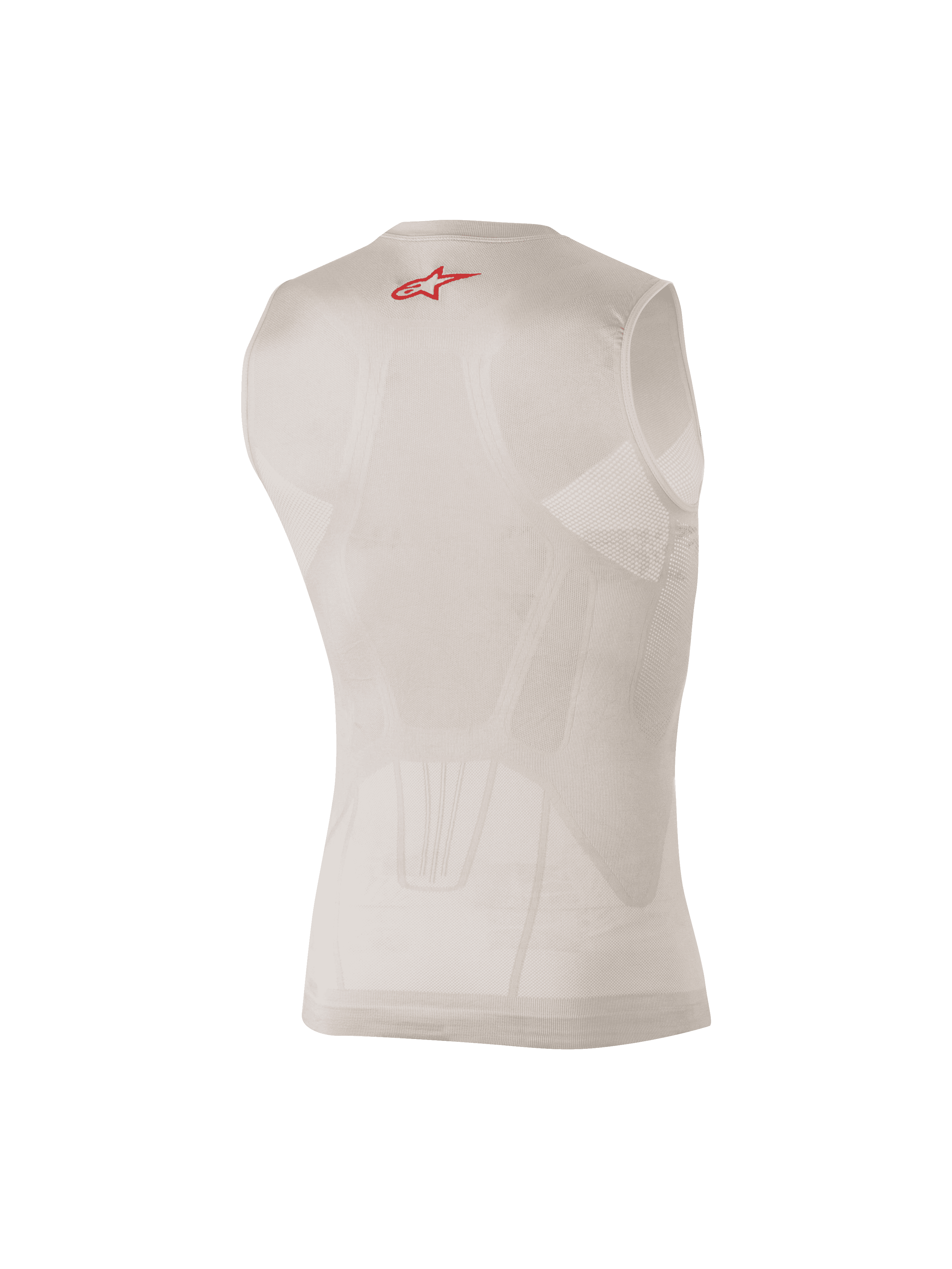 Alpinestars Tech Tank Summer, capa base sin mangas en color plateado y rojo, vista trasera que muestra paneles de malla con mapeo corporal y un pequeño logotipo rojo en la parte superior de la espalda, diseñada para la absorción de la humedad y la refrigeración bajo el equipo de motocross o MTB.