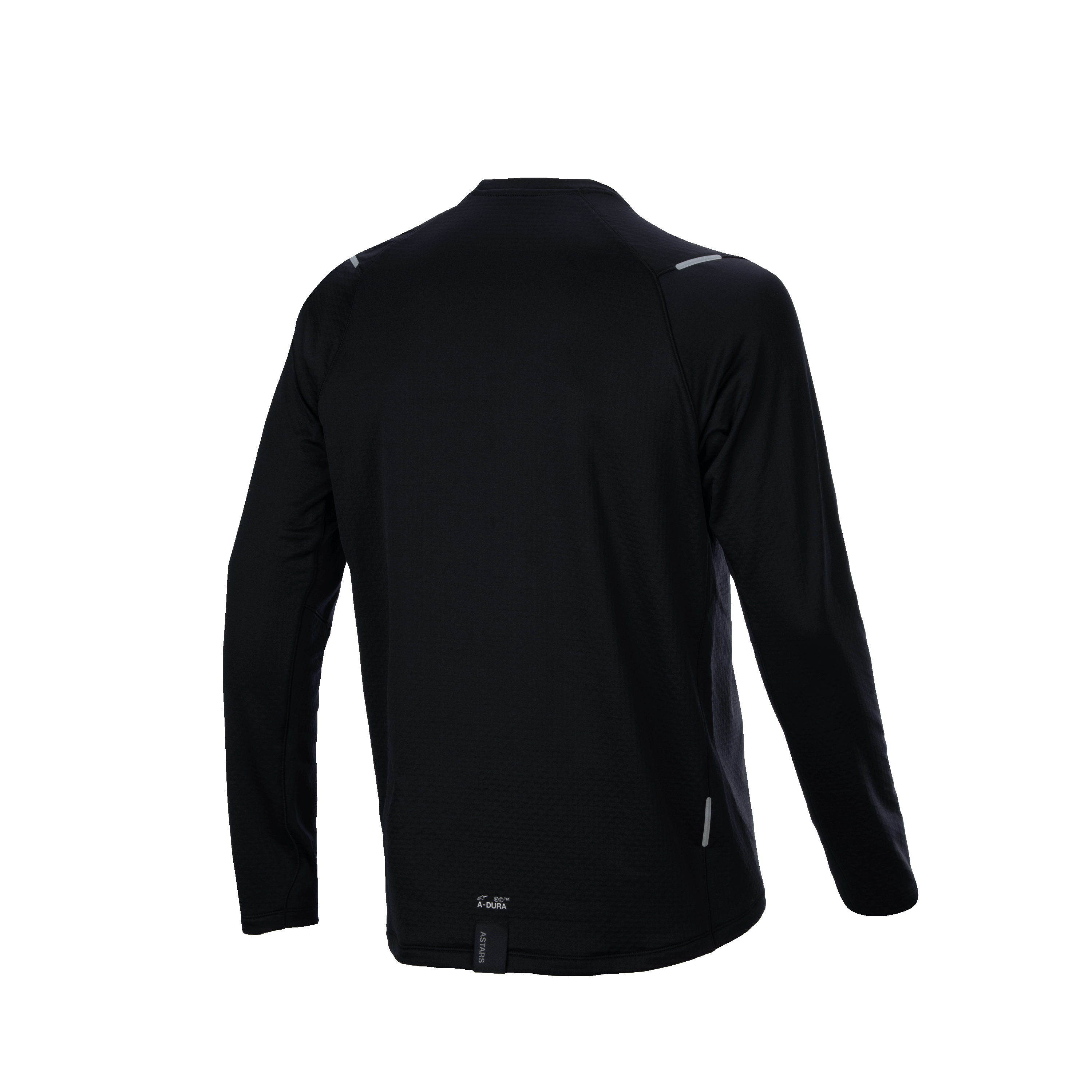 Jersey Térmico Alpinestars A-Dura, vista trasera, negro, jersey de manga larga para ciclismo de montaña con cola extendida, tejido aislante texturizado, pequeño logotipo A-Dura y detalles reflectantes
