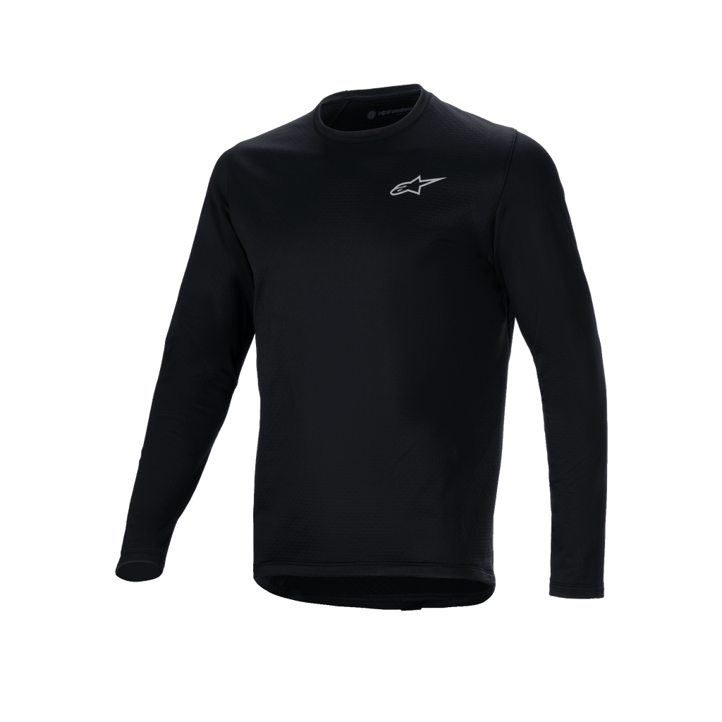 Jersey térmico Alpinestars A-Dura, jersey de ciclismo de manga larga negro, pequeño logotipo blanco de Alpinestars en el pecho, cola extendida para mayor cobertura trasera, forro de vellón aislante para ciclismo de montaña en climas fríos