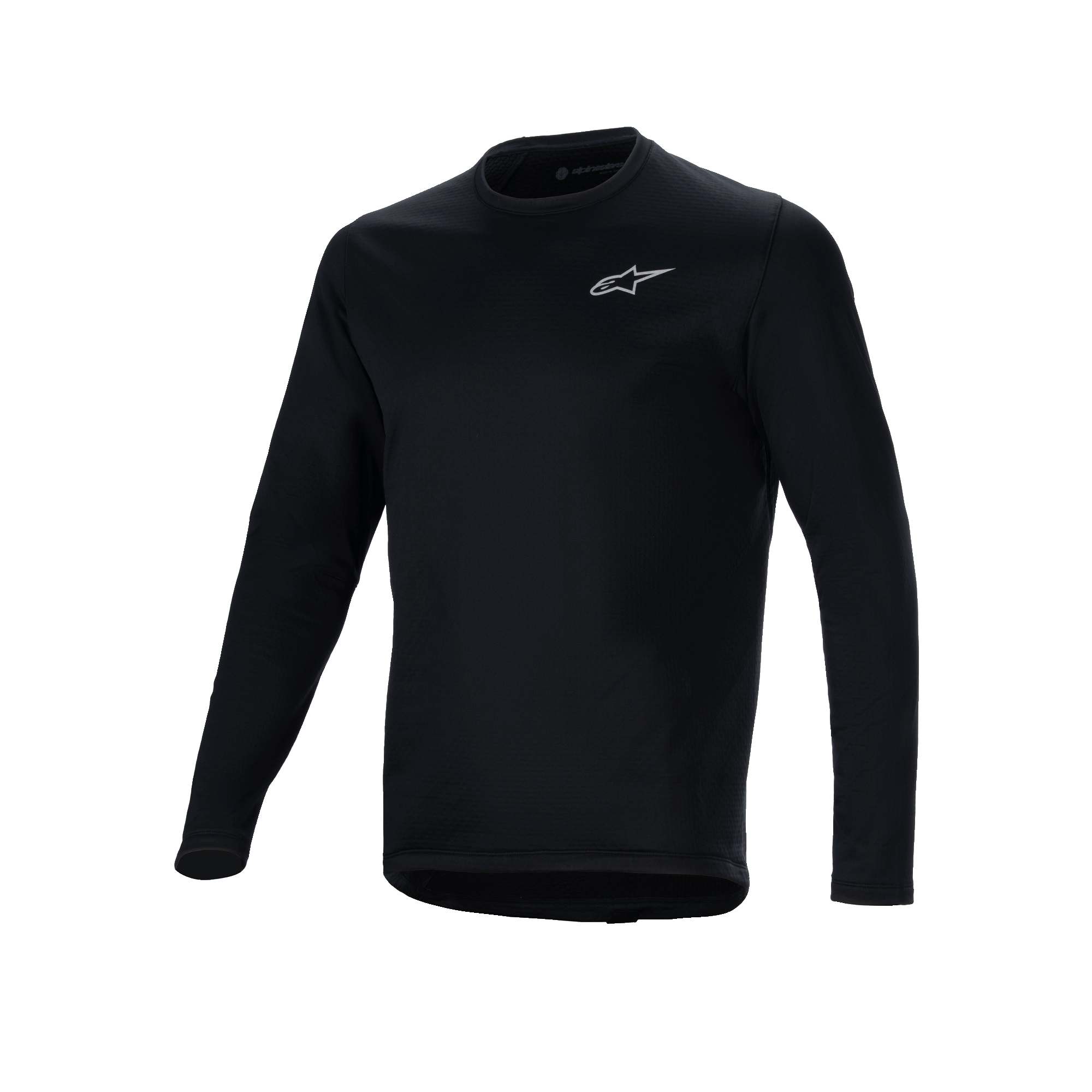 Jersey térmico Alpinestars A-Dura, jersey de ciclismo de manga larga negro, pequeño logotipo blanco de Alpinestars en el pecho, cola extendida para mayor cobertura trasera, forro de vellón aislante para ciclismo de montaña en climas fríos