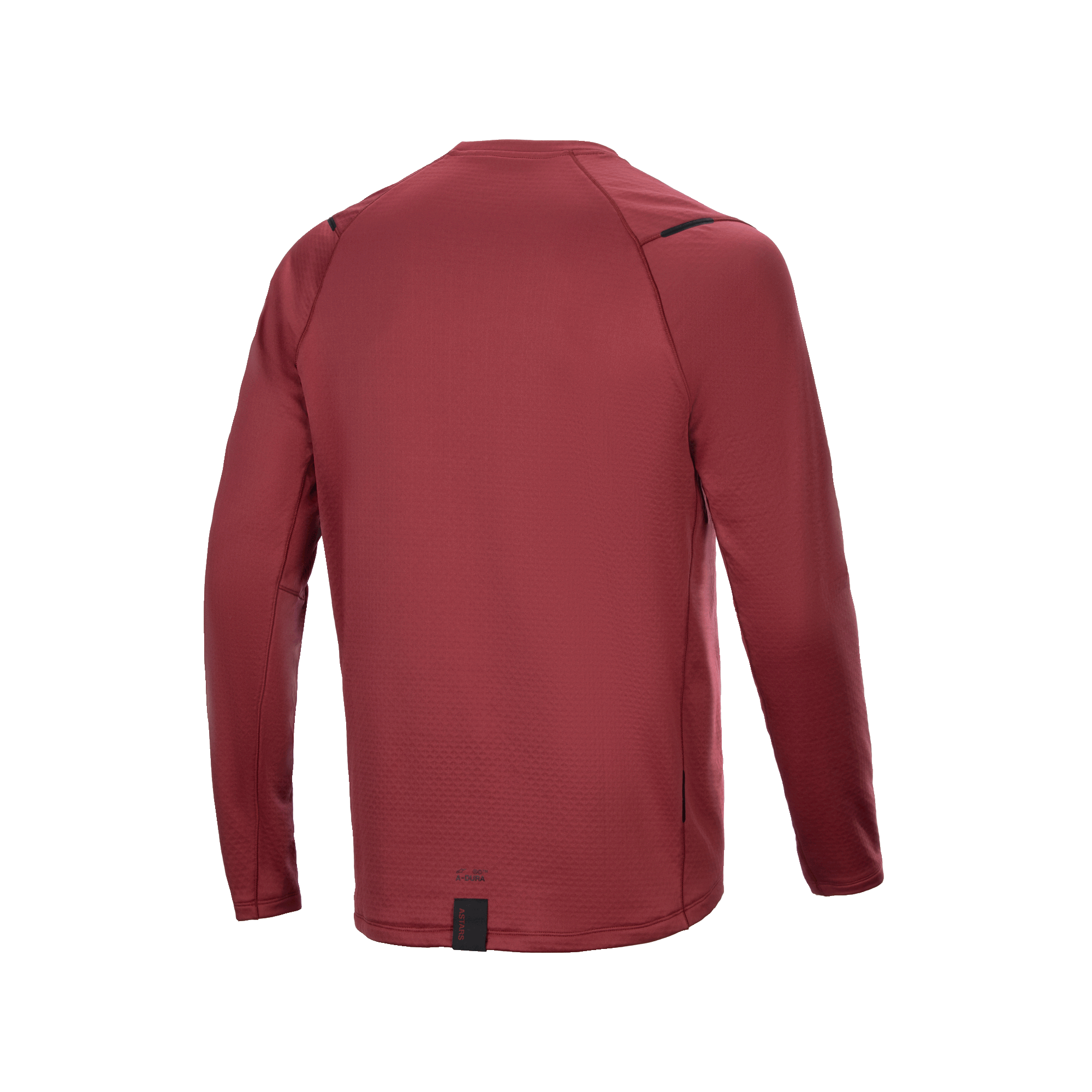 Jersey Térmico Alpinestars A-Dura, jersey de ciclismo de manga larga, color borgoña, vista trasera que muestra la parte posterior más larga para mayor cobertura, tejido térmico aislante texturizado, marca minimalista en el dobladillo