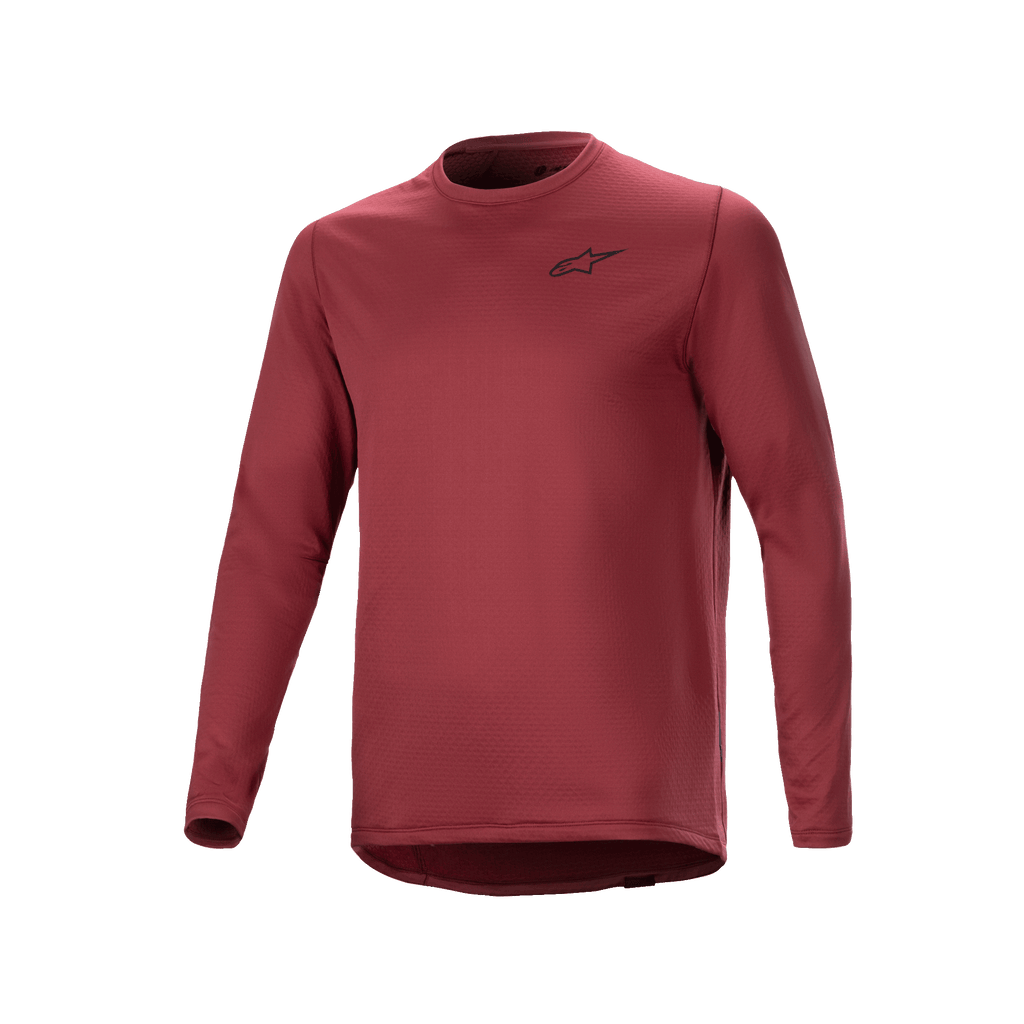 Alpinestars A-Dura Thermal Jersey, jersey de ciclismo de manga larga, color granate, tejido aislante texturizado con un pequeño logotipo de estrella negro en el pecho, dobladillo trasero extendido para ciclismo de montaña (MTB).
