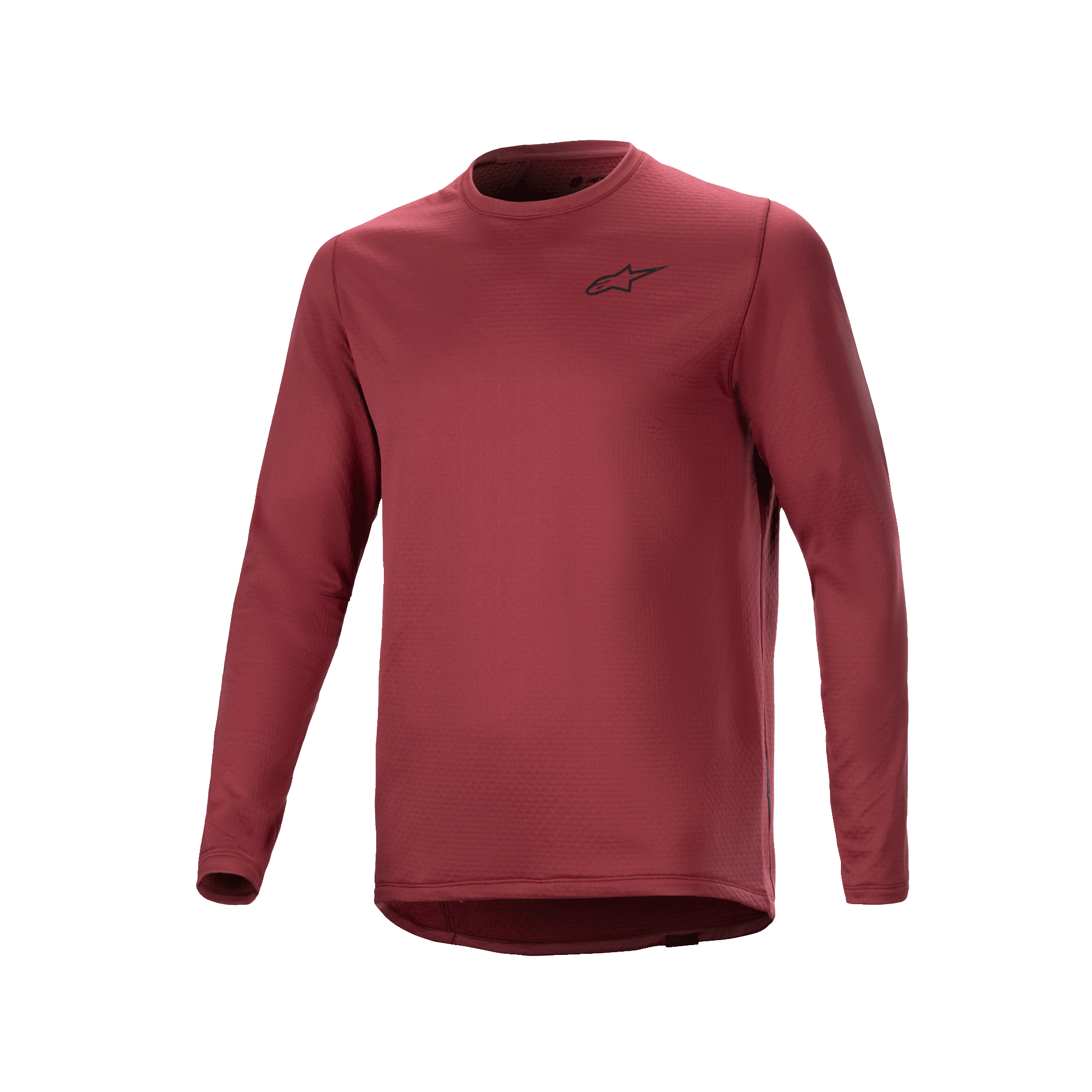 Alpinestars A-Dura Thermal Jersey, jersey de ciclismo de manga larga, color granate, tejido aislante texturizado con un pequeño logotipo de estrella negro en el pecho, dobladillo trasero extendido para ciclismo de montaña (MTB).