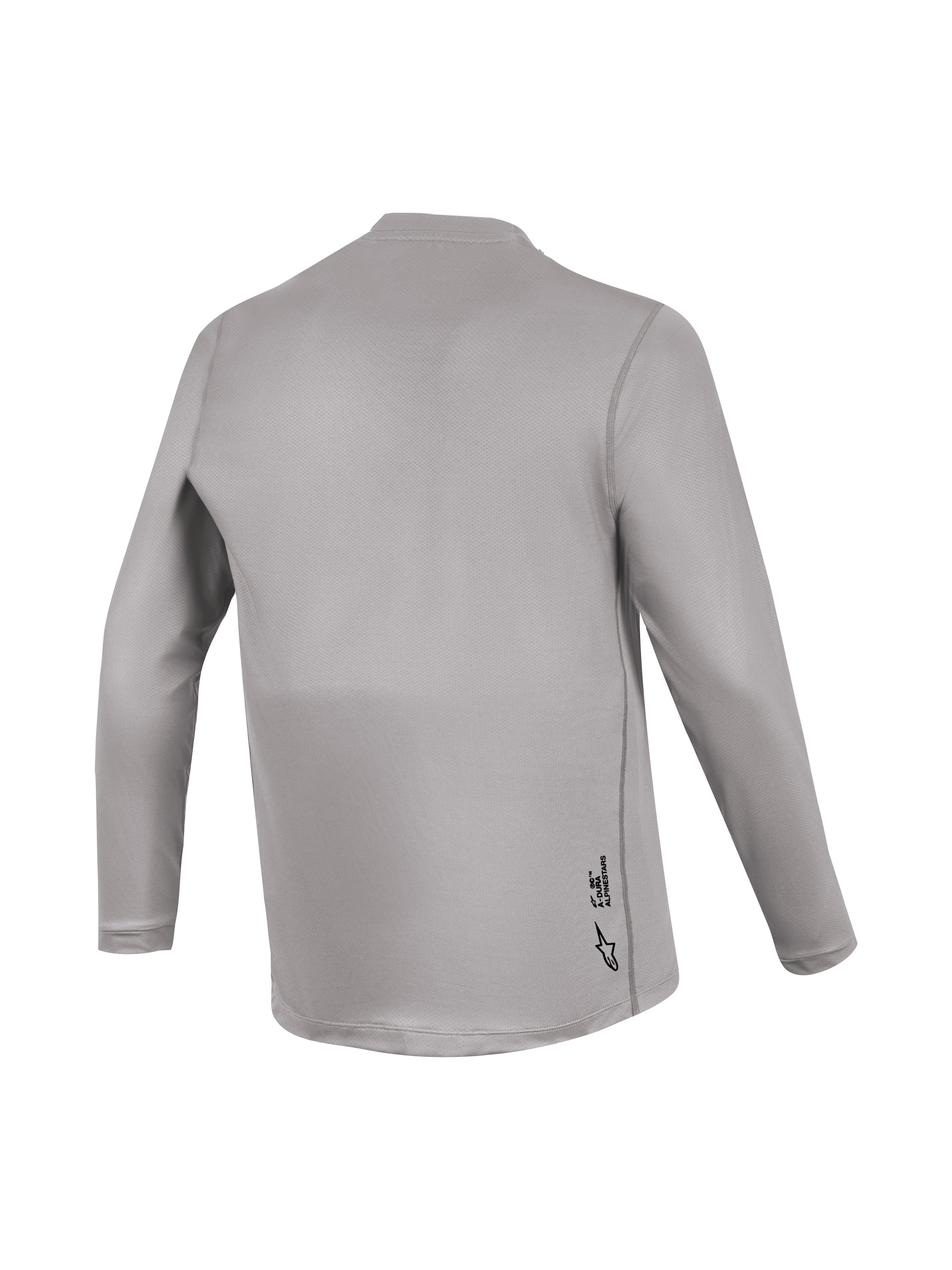 Camiseta Alpinestars A-Dura Ride gris, vista trasera con textura de jacquard y logotipo sutil para rendimiento MTB.